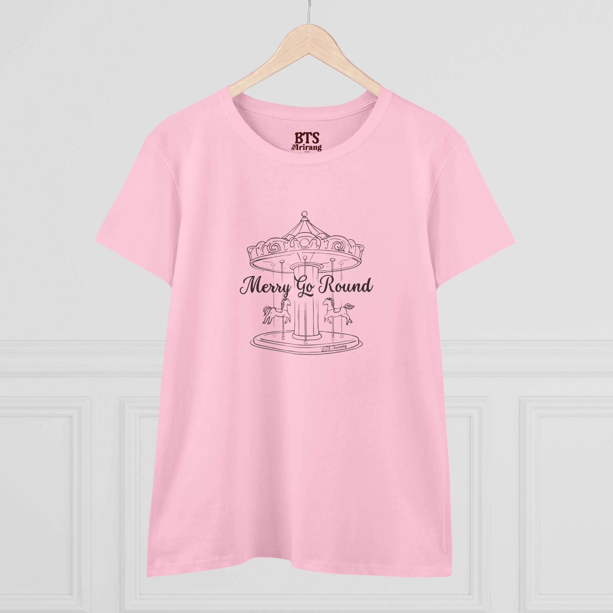 Printify Merry Go Round BTS Arirang 2026 album T-shirt featuring carousel sketch design and lyric script back print.