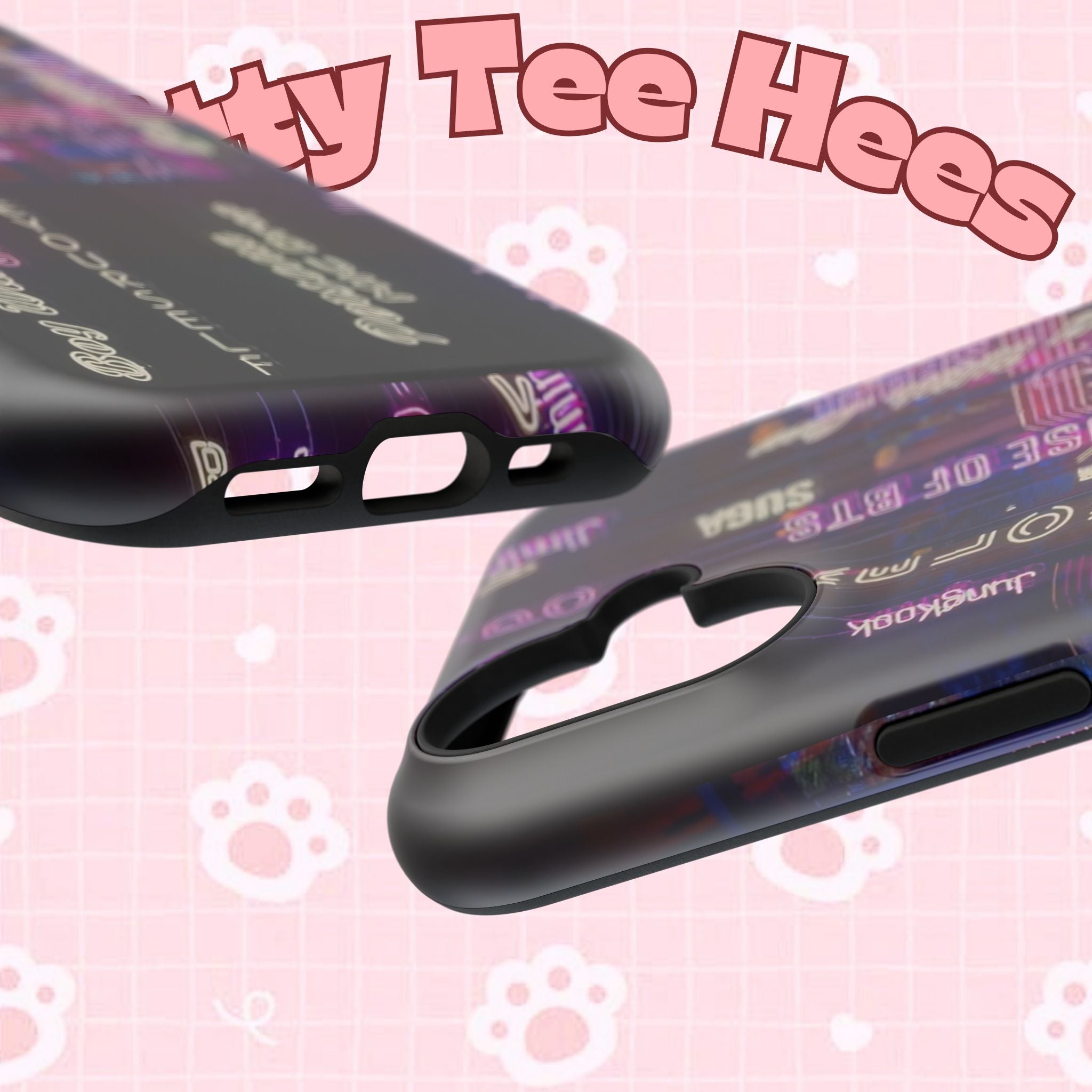 Neon Korean script BTS phone case for iPhone and Samsung, impact-resistant design with bold print and vibrant colors.