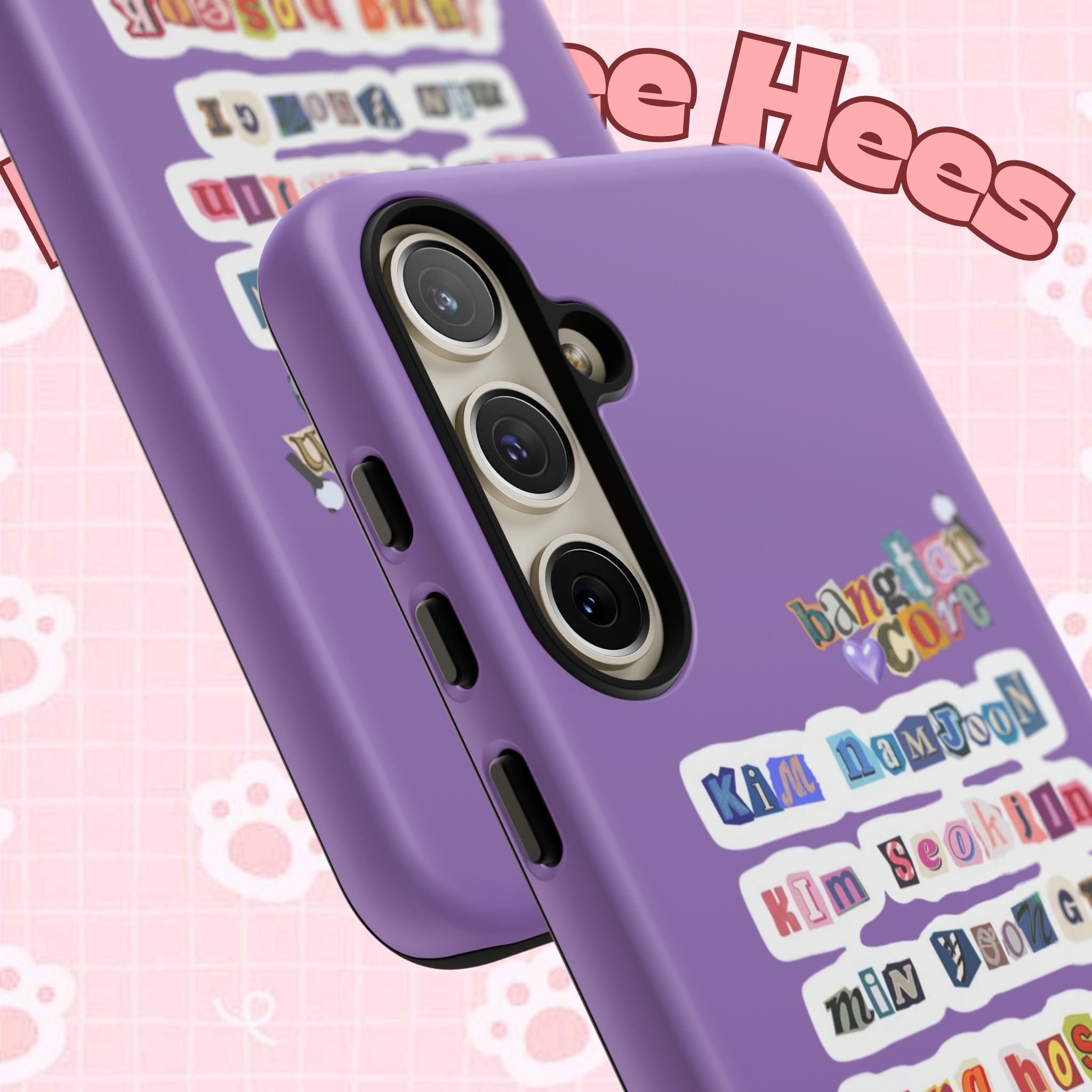 Printed BTS member names phone case for iPhone 17 featuring Jungkook, Jimin, and Rap Monster design on a tough protective case.