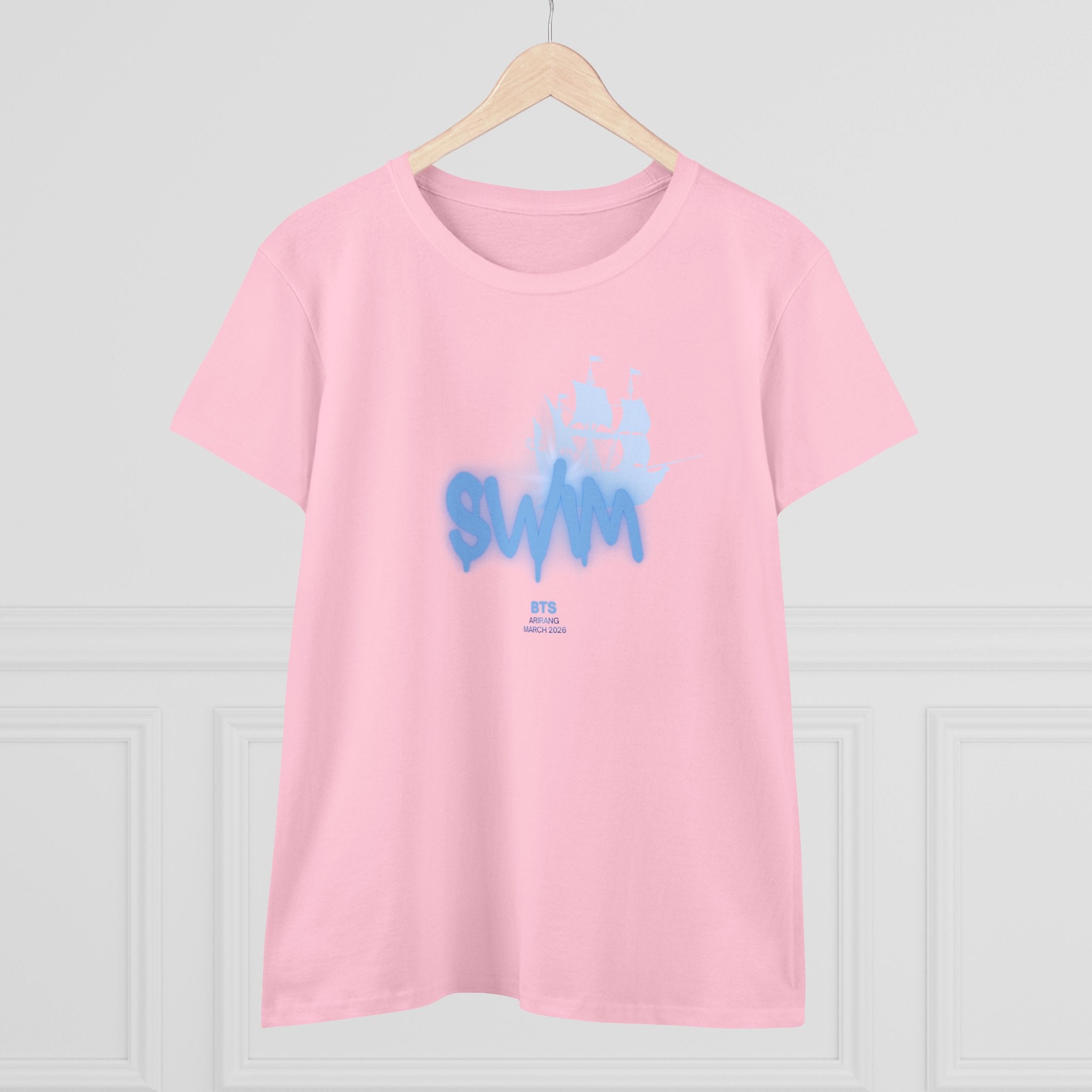 Women's BTS Swim T-Shirt with Sailboat Script Logo, cotton concert tee for Bangtan World Tour fans, by Printify
