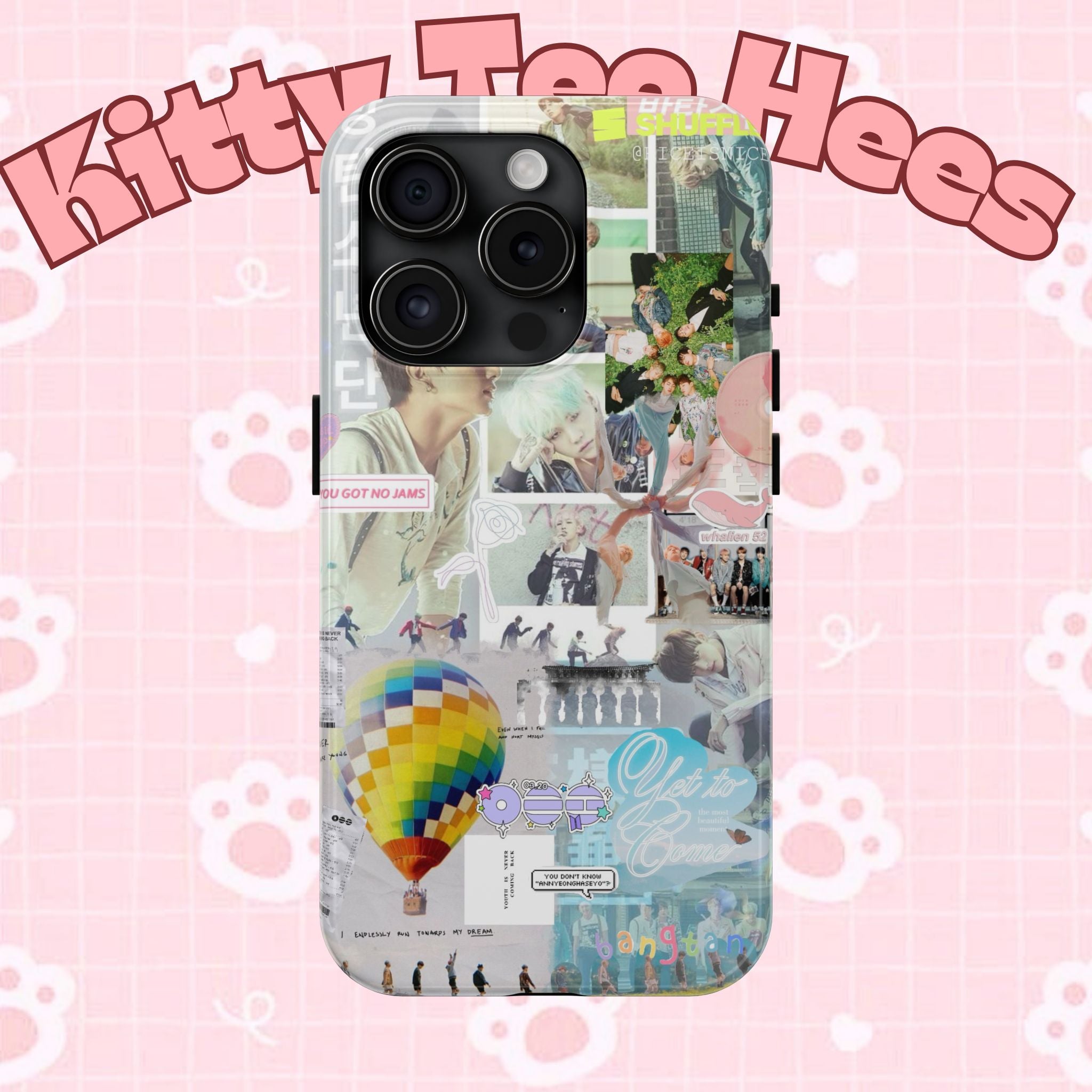 K-Pop BTS collage phone case for iPhone and Samsung with pastel hot air balloon design, featuring photo collage and tough protective cover