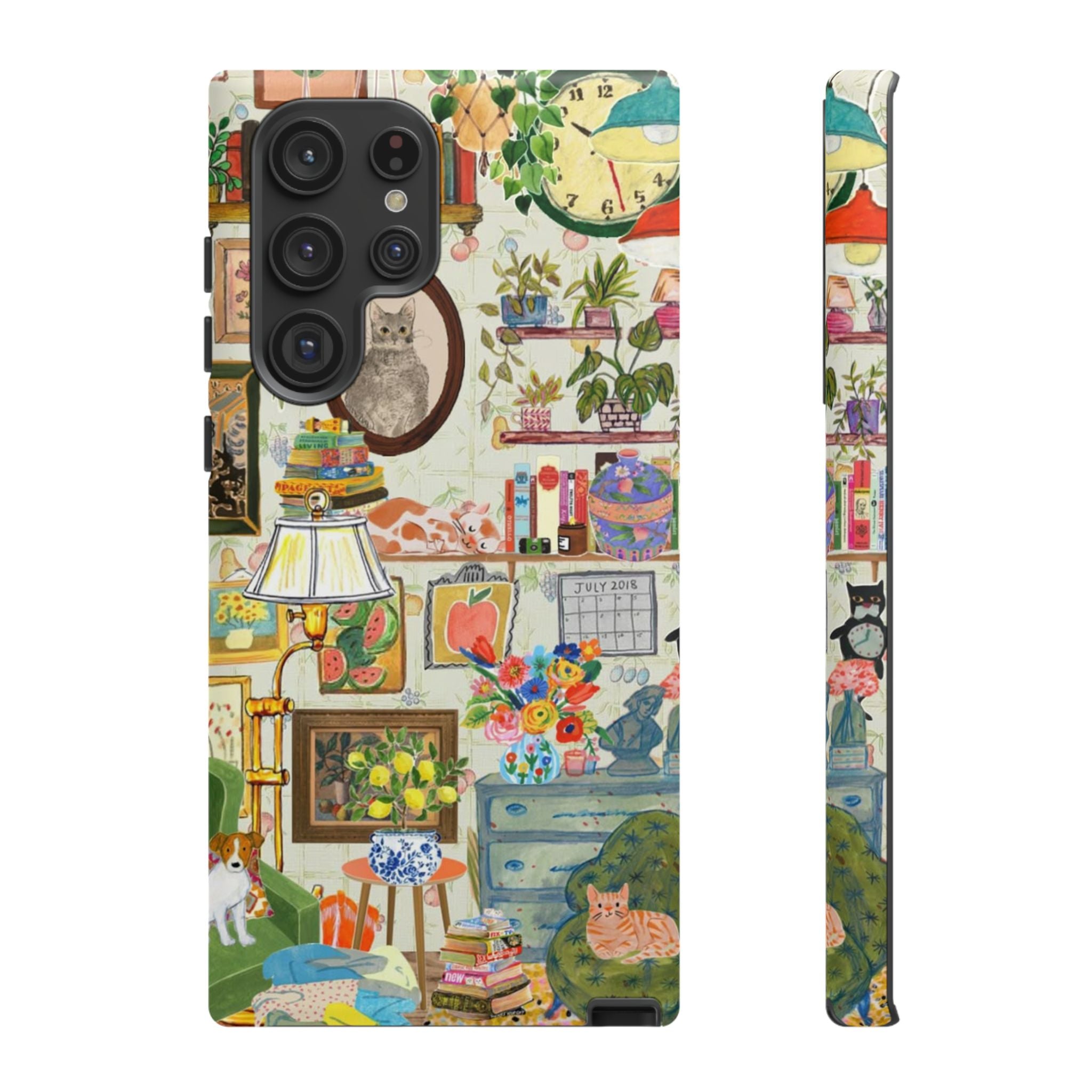 Cute cat framed phone case for iPhone 17 featuring a cozy living room pet portrait in stylish design.