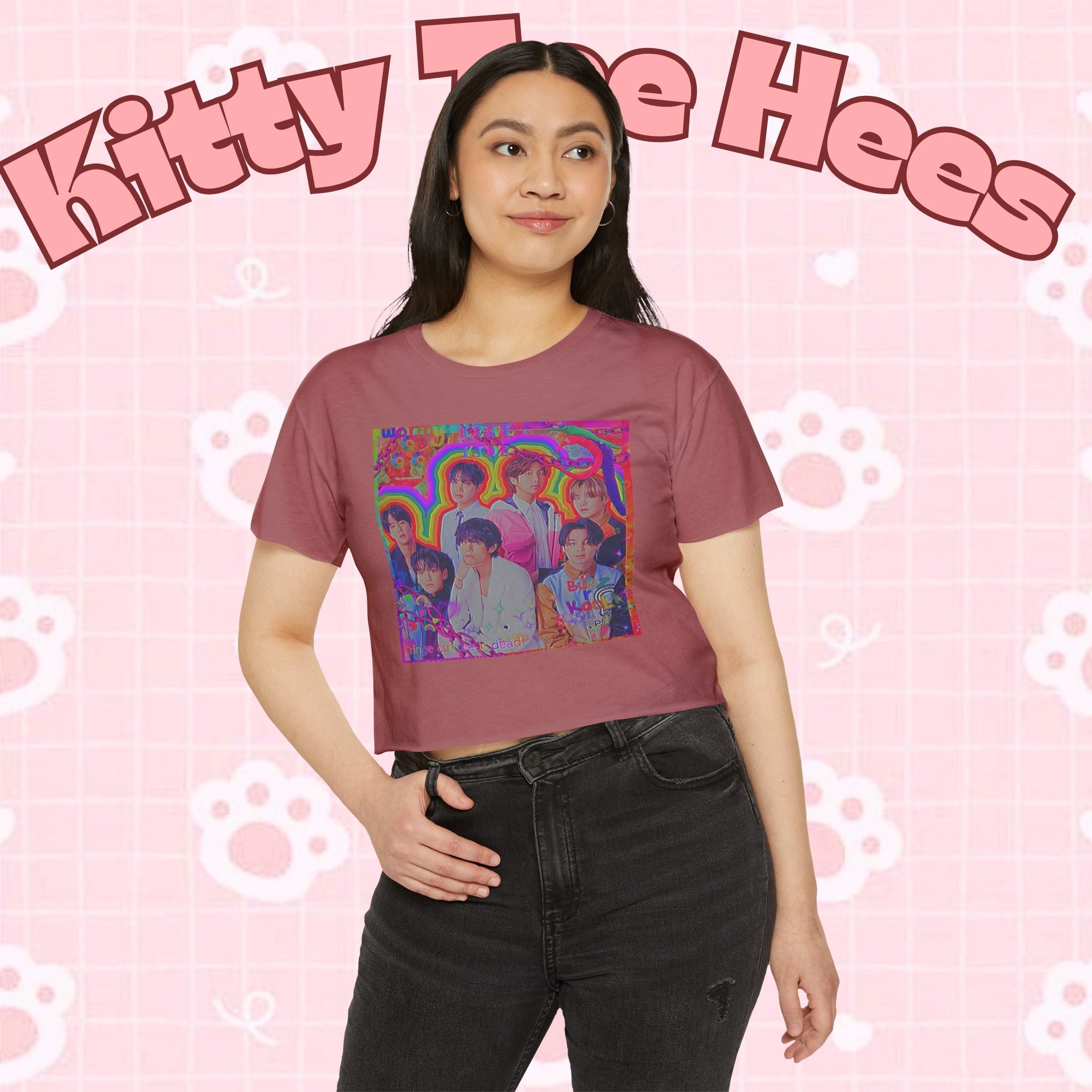 Colorful BTS kidcore T-shirt featuring Bangtan boys K-Pop group photo, women's festival crop top by Printify