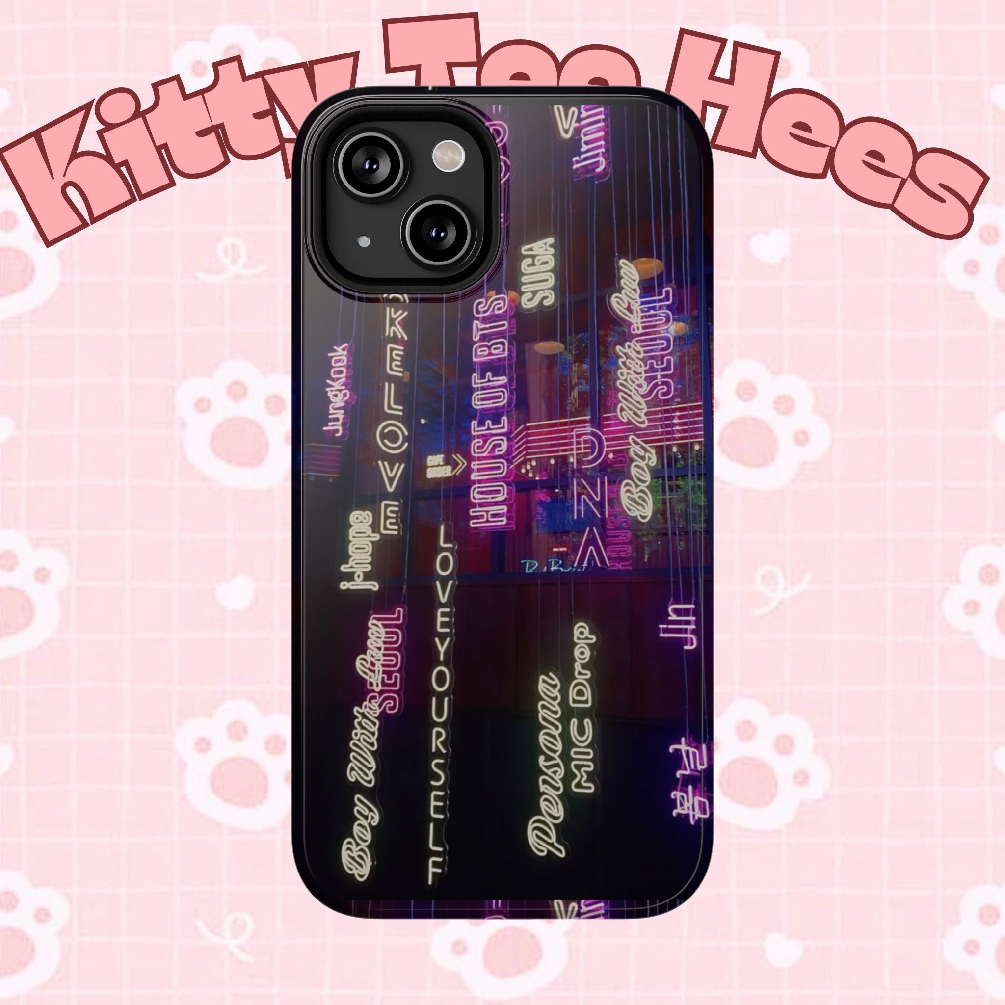 Neon Korean Script BTS phone case for iPhone and Samsung, impact-resistant protective cover with bold neon design.
