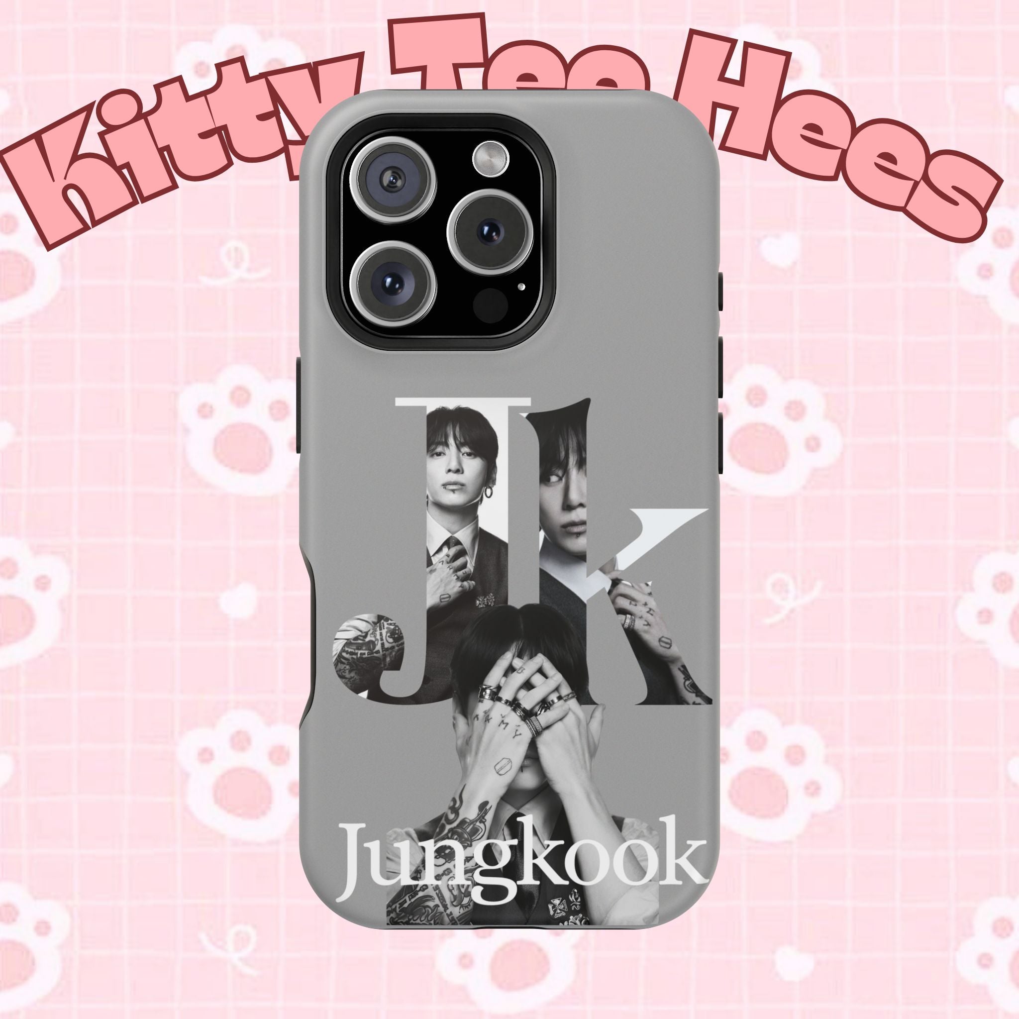 Black Monochrome Jungkook BTS phone case with impact-resistant design featuring bold letter print, for a Samsung or iPhone.