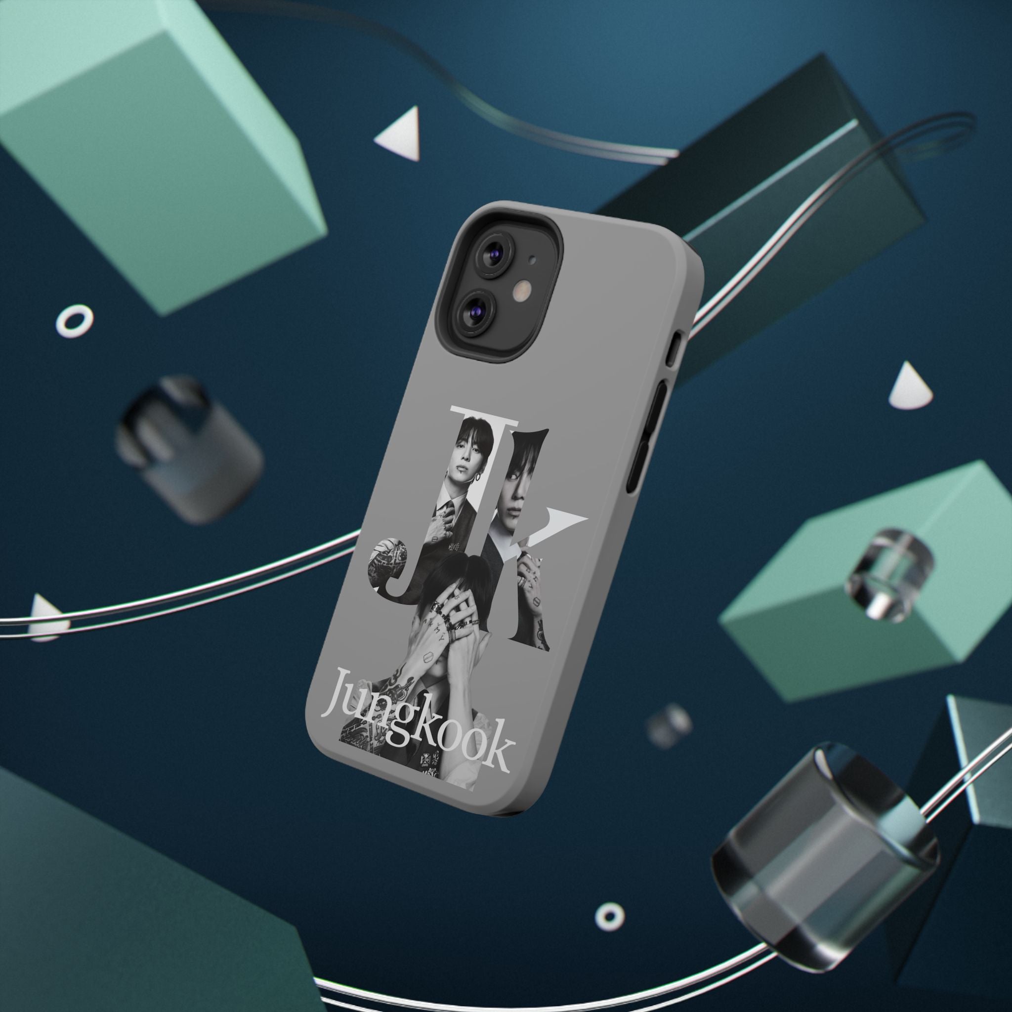 Monochrome BTS Jungkook phone case by Printify featuring impact-resistant design and letter-themed artwork.
