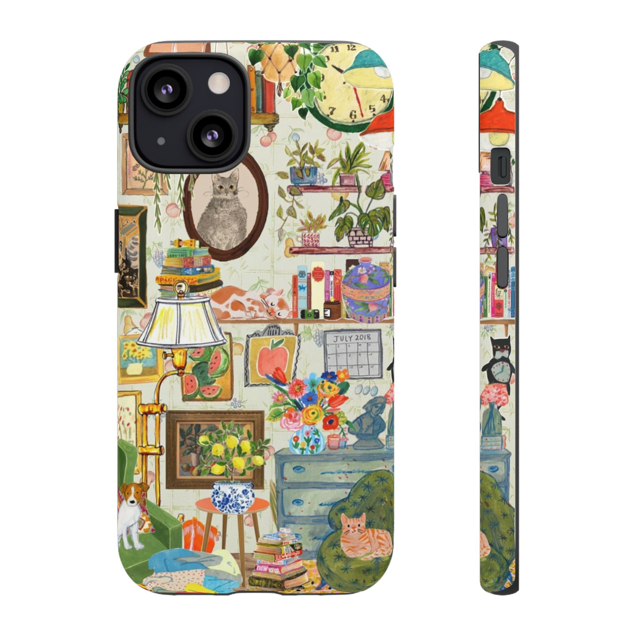 Cute cat portrait phone case for iPhone 17 featuring a cozy living room scene, stylish design by Printify.