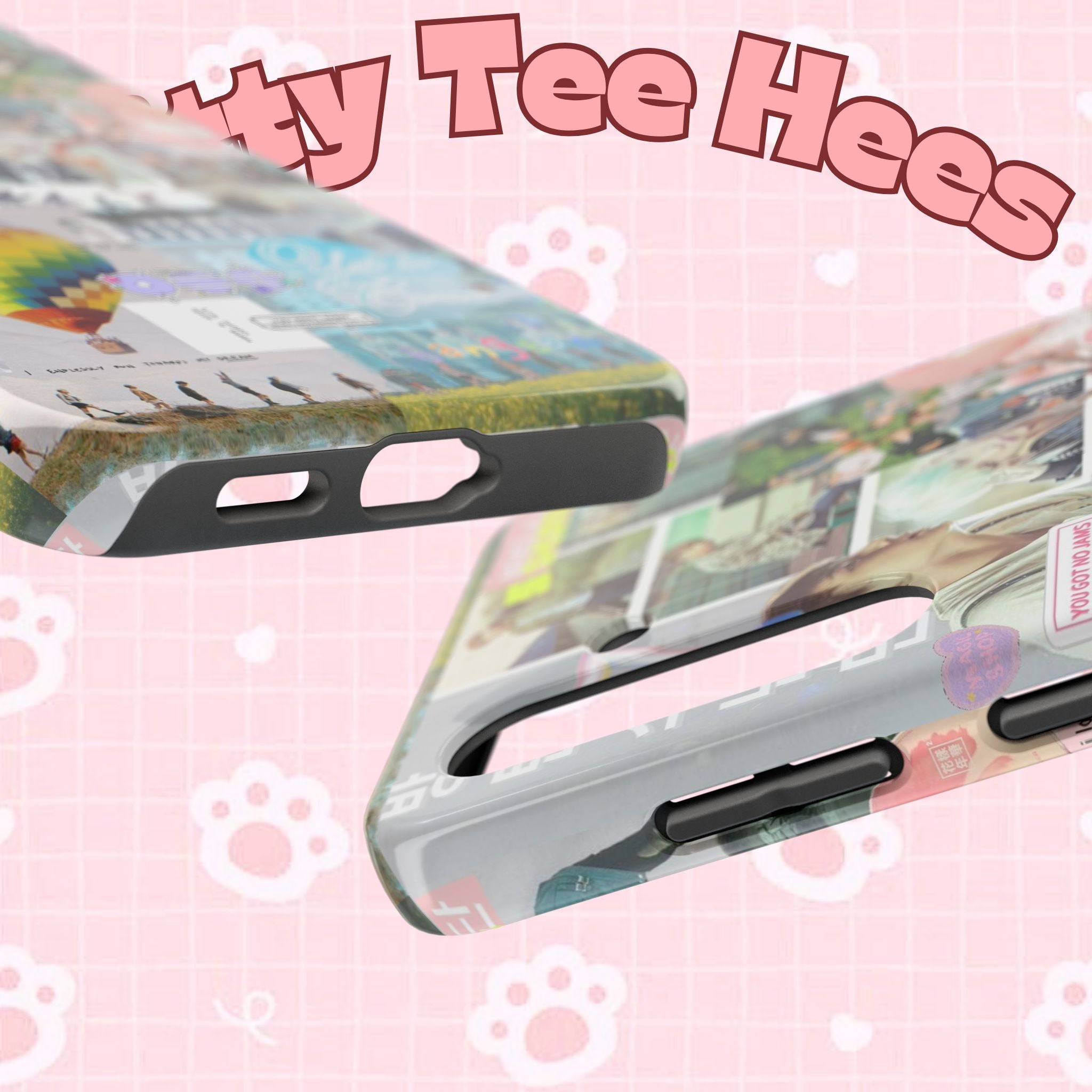 Printify BTS collage phone case for iPhone and Samsung featuring pastel hot air balloon and K-Pop photo collage design.