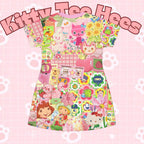 Vintage-inspired strawberry cake dreams nostalgia T-shirt dress with picnic floral print, kawaii style casual all-over print.