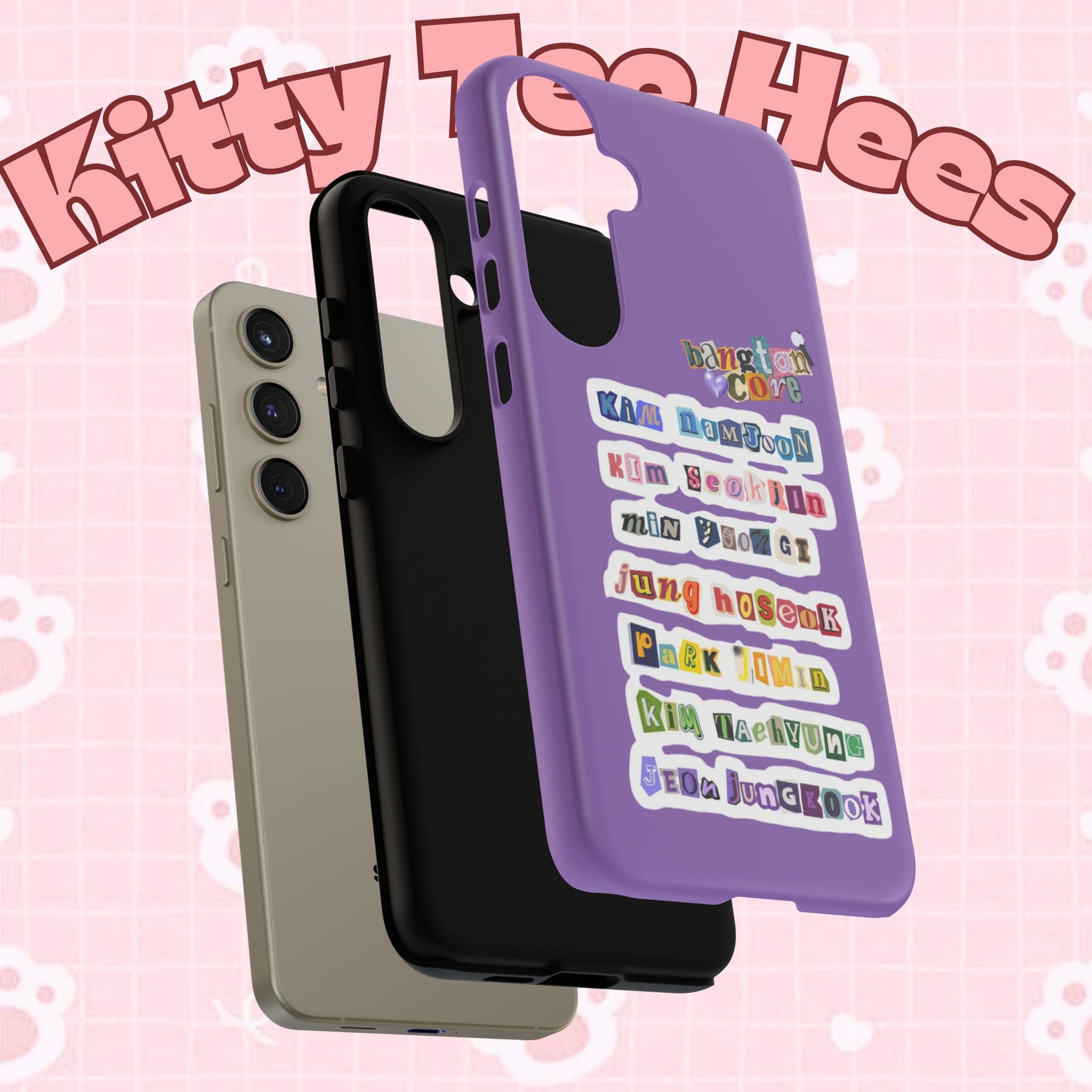 Custom BTS member names phone case for iPhone 17 featuring Jungkook, Jimin, and Rap Monster with a tough protective design.
