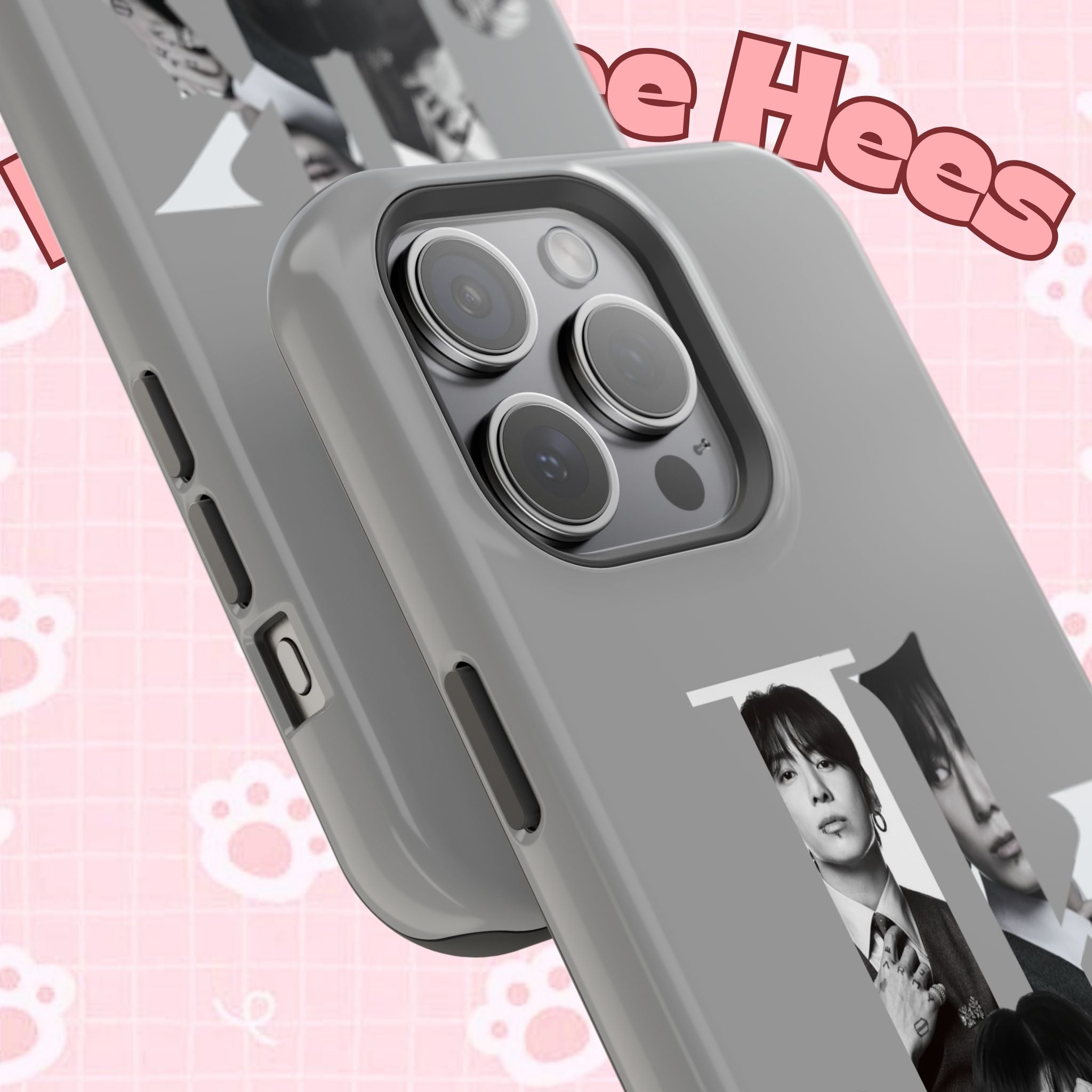 Impact-resistant black phone case featuring monochrome Jungkook and BTS lettering, designed for iPhone and Samsung models.