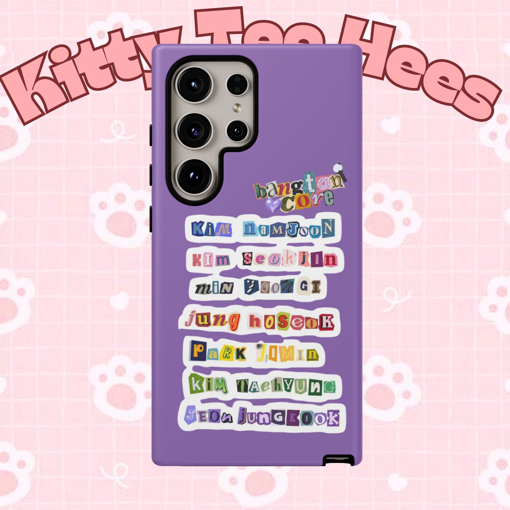 Custom BTS member names phone case featuring Jungkook, Jimin, and Rap Monster for iPhone 17, tough protective design.