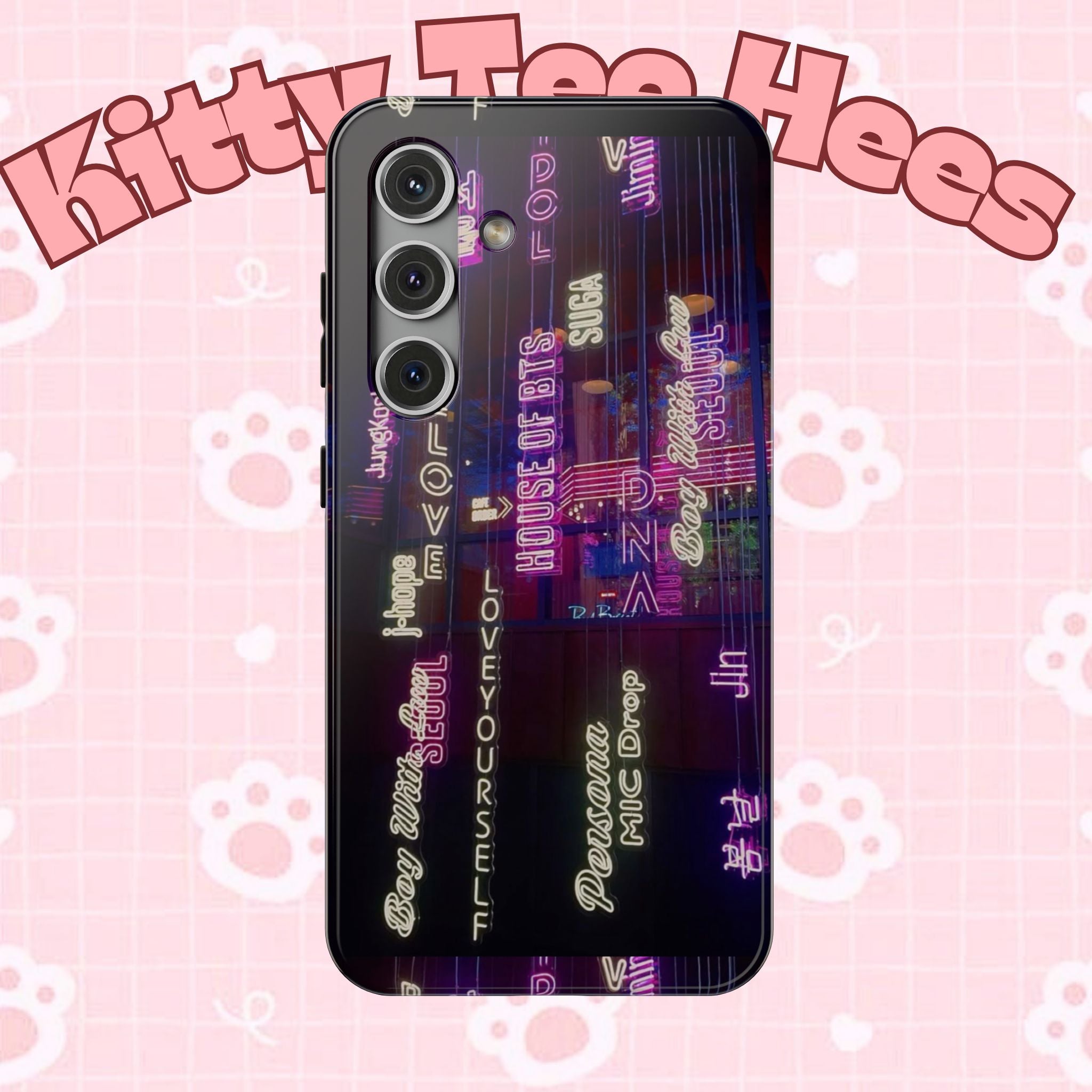 Impact-resistant BTS phone case with neon Korean script design for iPhone and Samsung, featuring Bangtan Sonyeondan branding.
