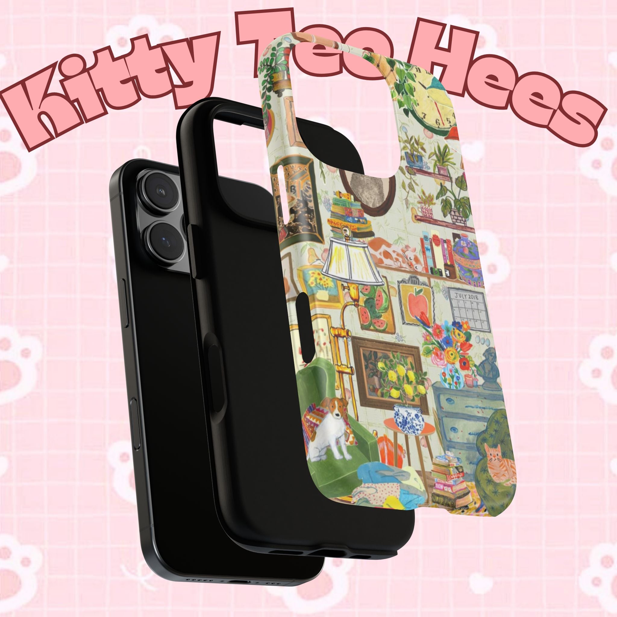 Cute cat portrait phone case for iPhone 17, stylish and cozy design by Printify featuring a framed pet home living room scene.