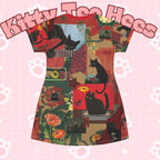 Casual cat print T-shirt dress by Printify featuring playful guitar and cat designs, perfect for cat lovers and casual wear.