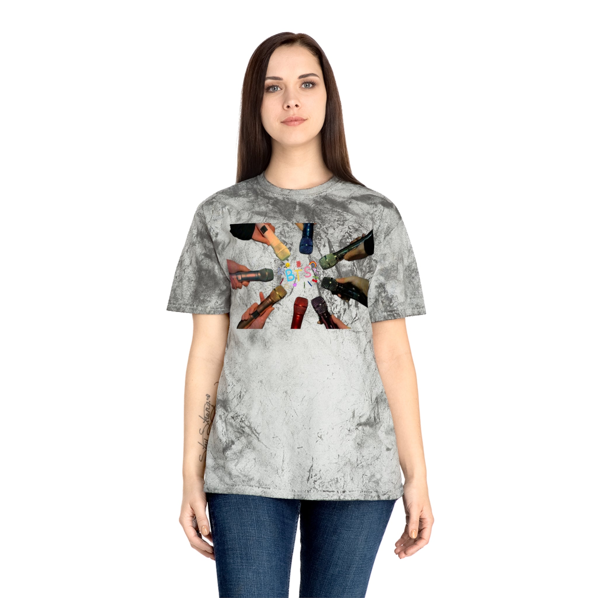 Colorful BTS concert T-shirt featuring rainbow mic and logo design, inspired by K-Pop and BTS 2026 concert fashion.