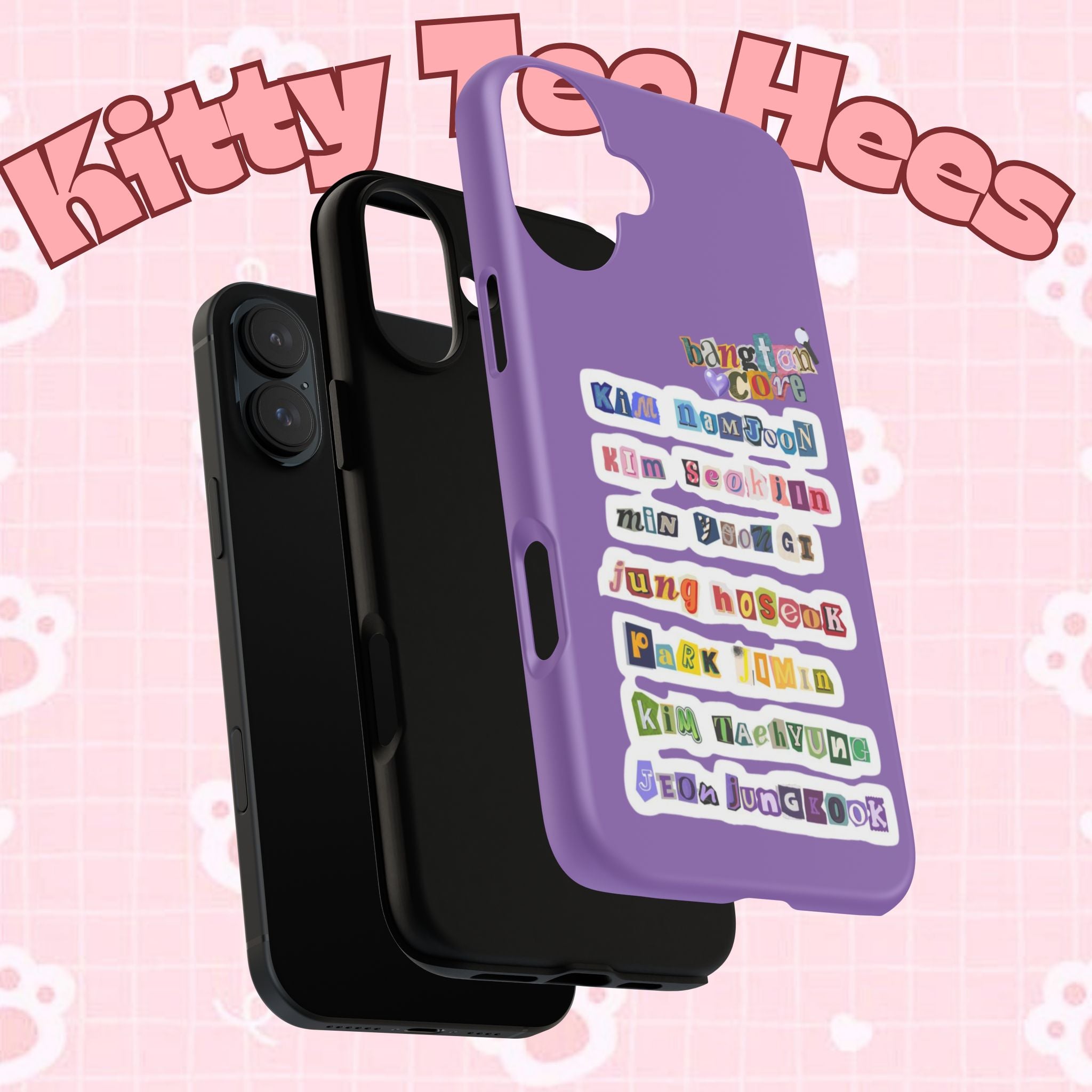 Custom BTS member names phone case featuring Jungkook, Jimin, and RapMonster for iPhone 17, rugged Printify tough case design.