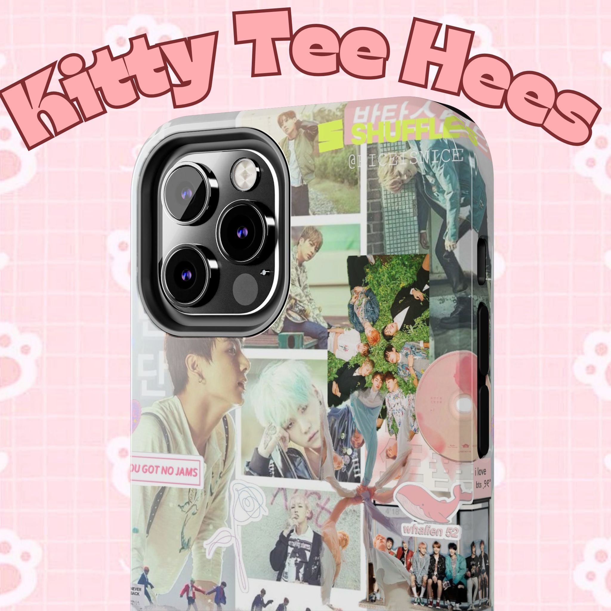 K-Pop BTS collage phone case for iPhone and Samsung with pastel hot air balloon design, durable tough protective cover.
