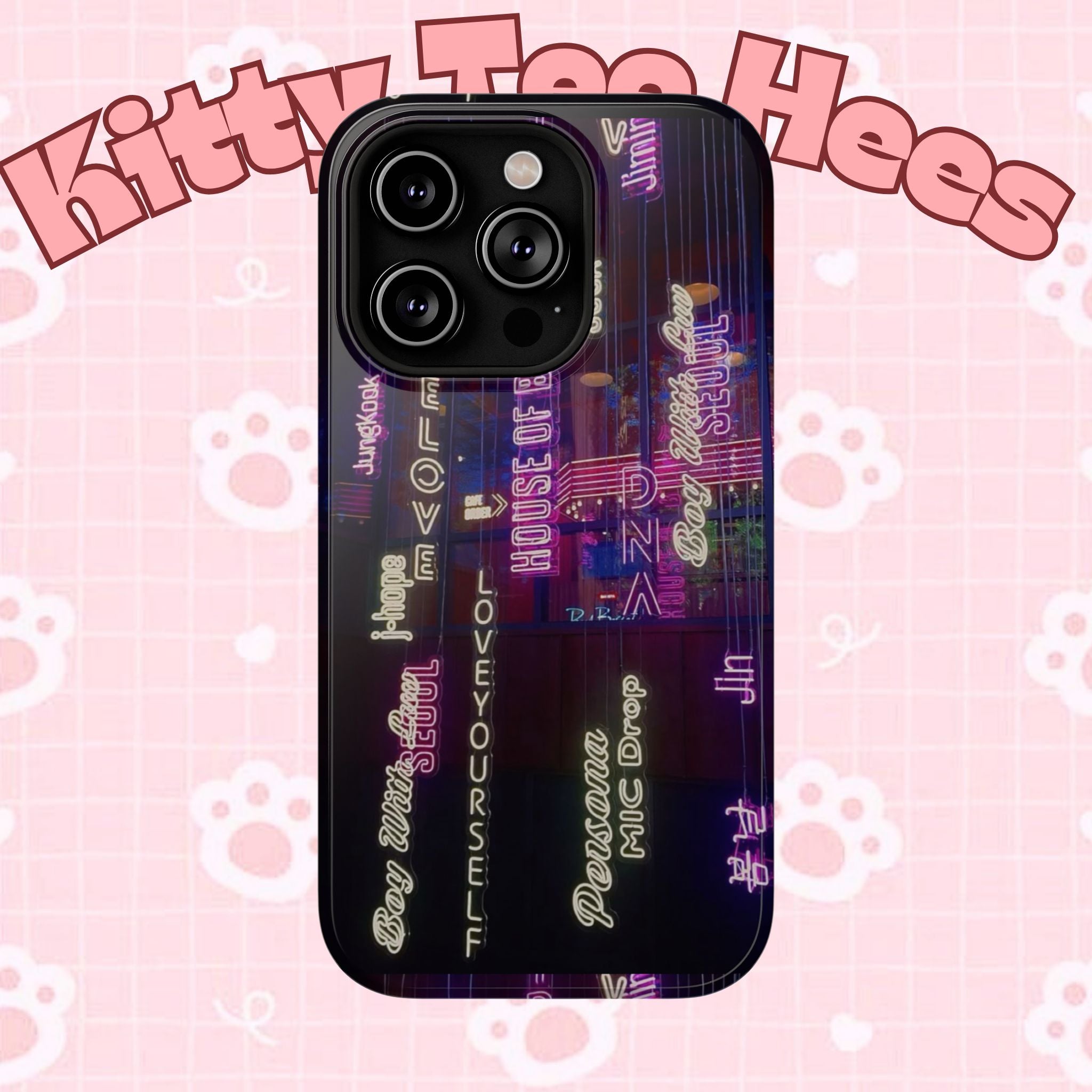 Neon Korean Script BTS phone case for iPhone and Samsung, impact-resistant design featuring Bangtan Sonyeondan branding.