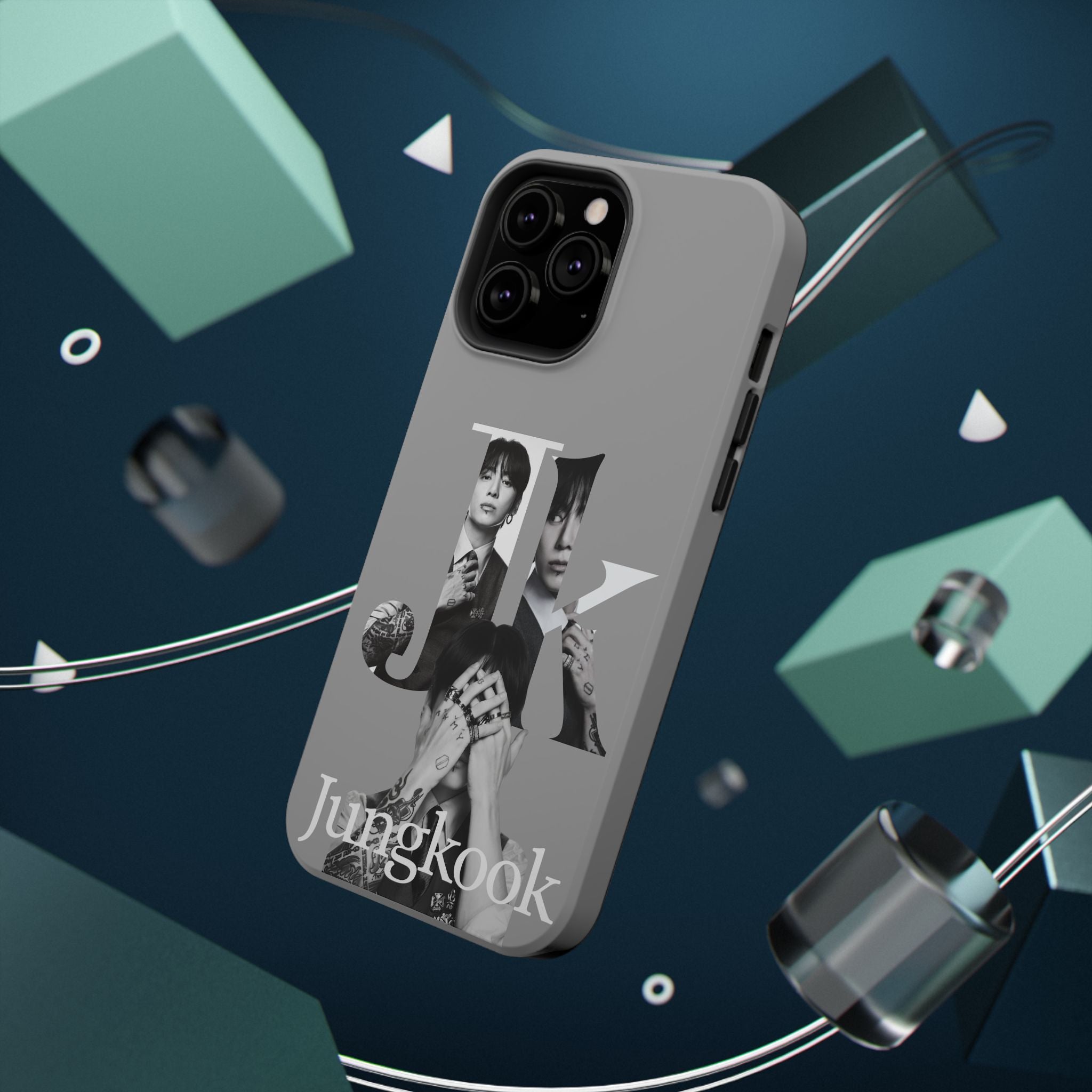 Monochrome BTS Jungkook phone case featuring impact-resistant design and bold letter graphics by Printify.