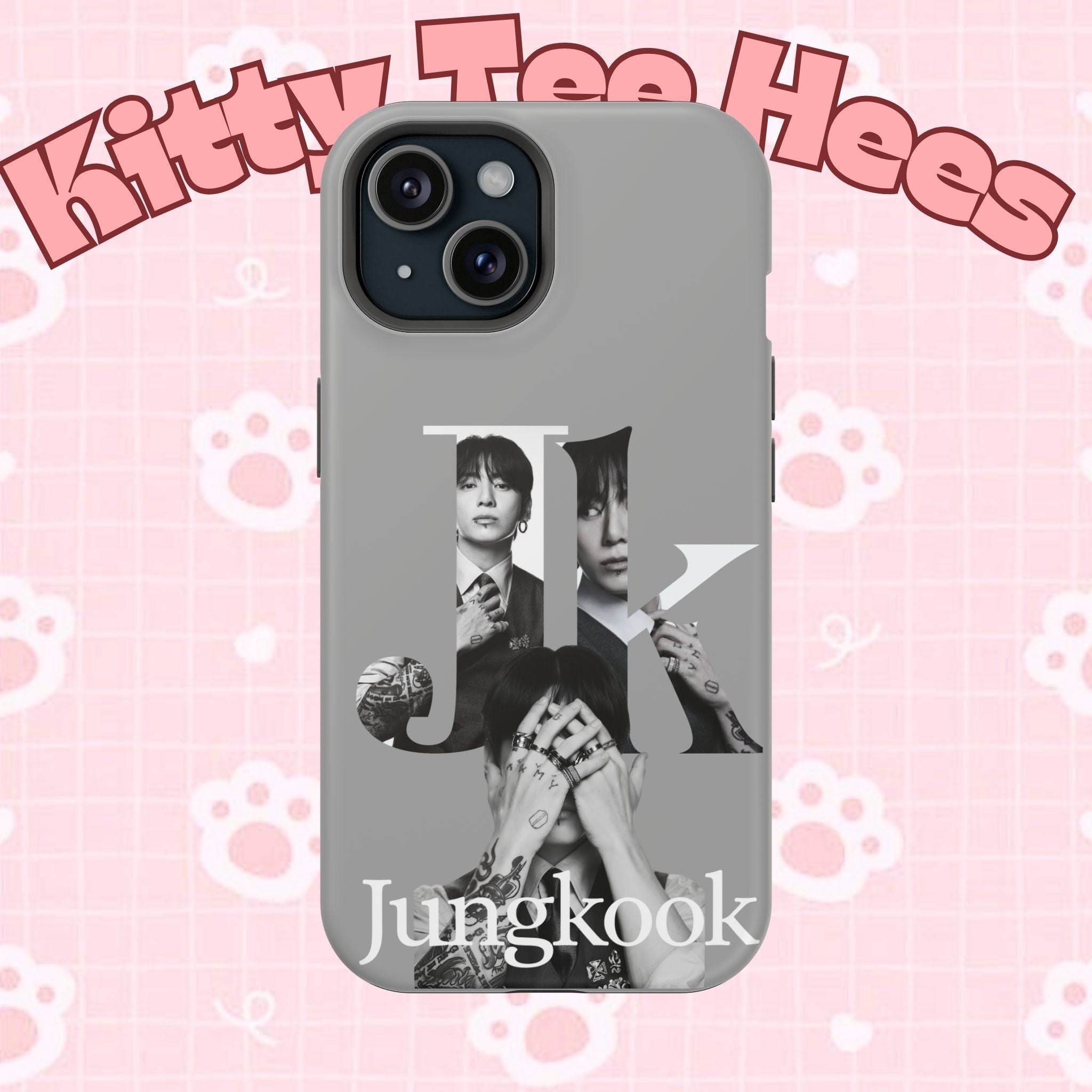 Printify Monochrome Jungkook BTS phone case with impact-resistant design featuring bold letter B and portrait of Jungkook.