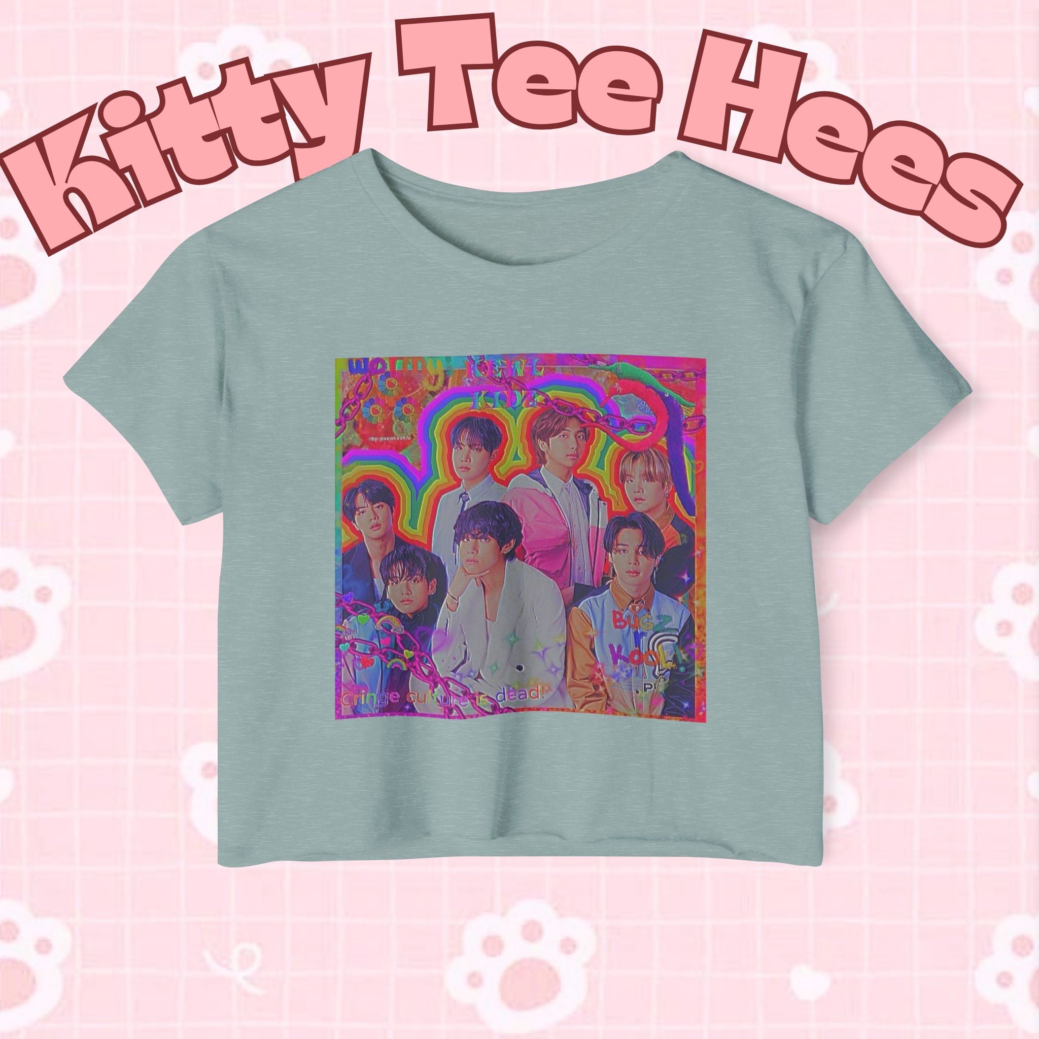 Colorful BTS kidcore T-shirt featuring a Bangtan Boys group photo, women's festival crop top by Printify.