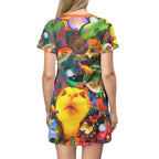 Colorful fish cat T-shirt dress with all-over fish print, perfect for cat lovers and pet enthusiasts.