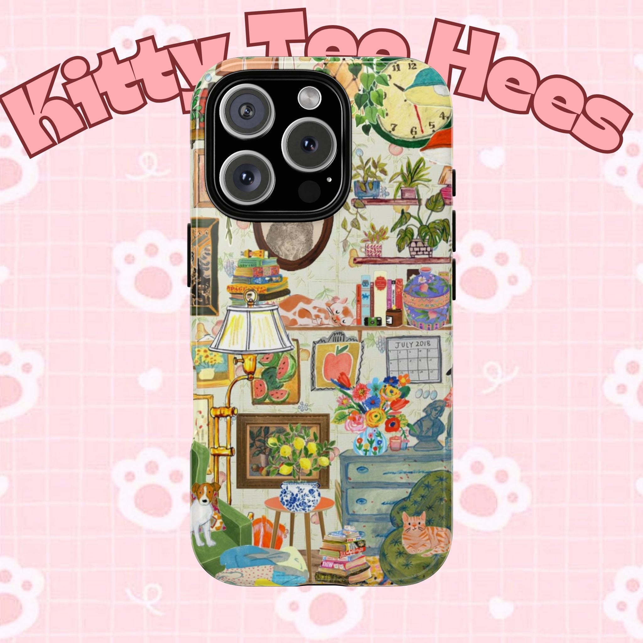 Cute cat portrait iPhone 17 phone case by Printify featuring a cozy living room scene with a stylish pet design.