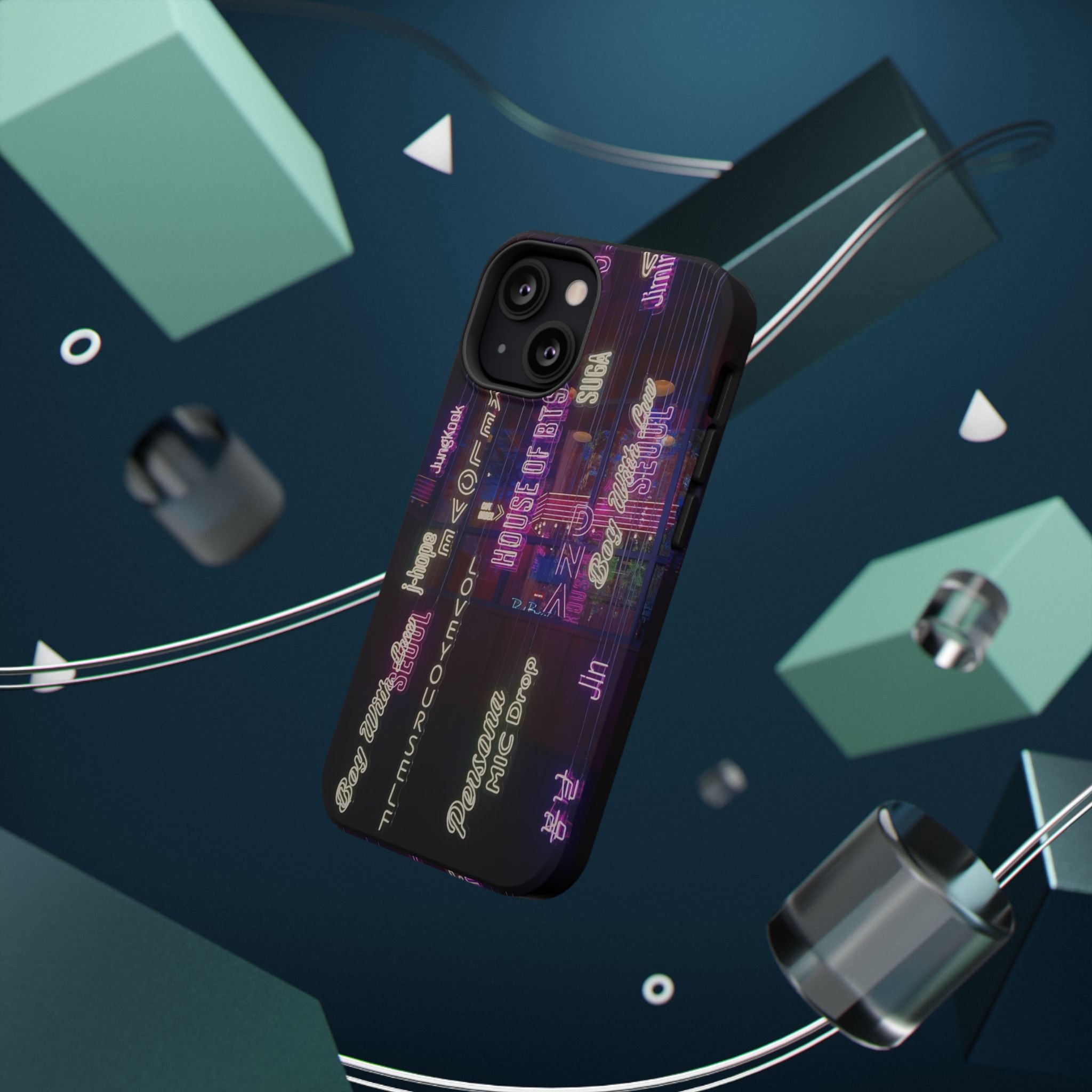 Impact-resistant BTS phone case with neon Korean script design for iPhone and Samsung, featuring Bangtan Sonyeondan branding.