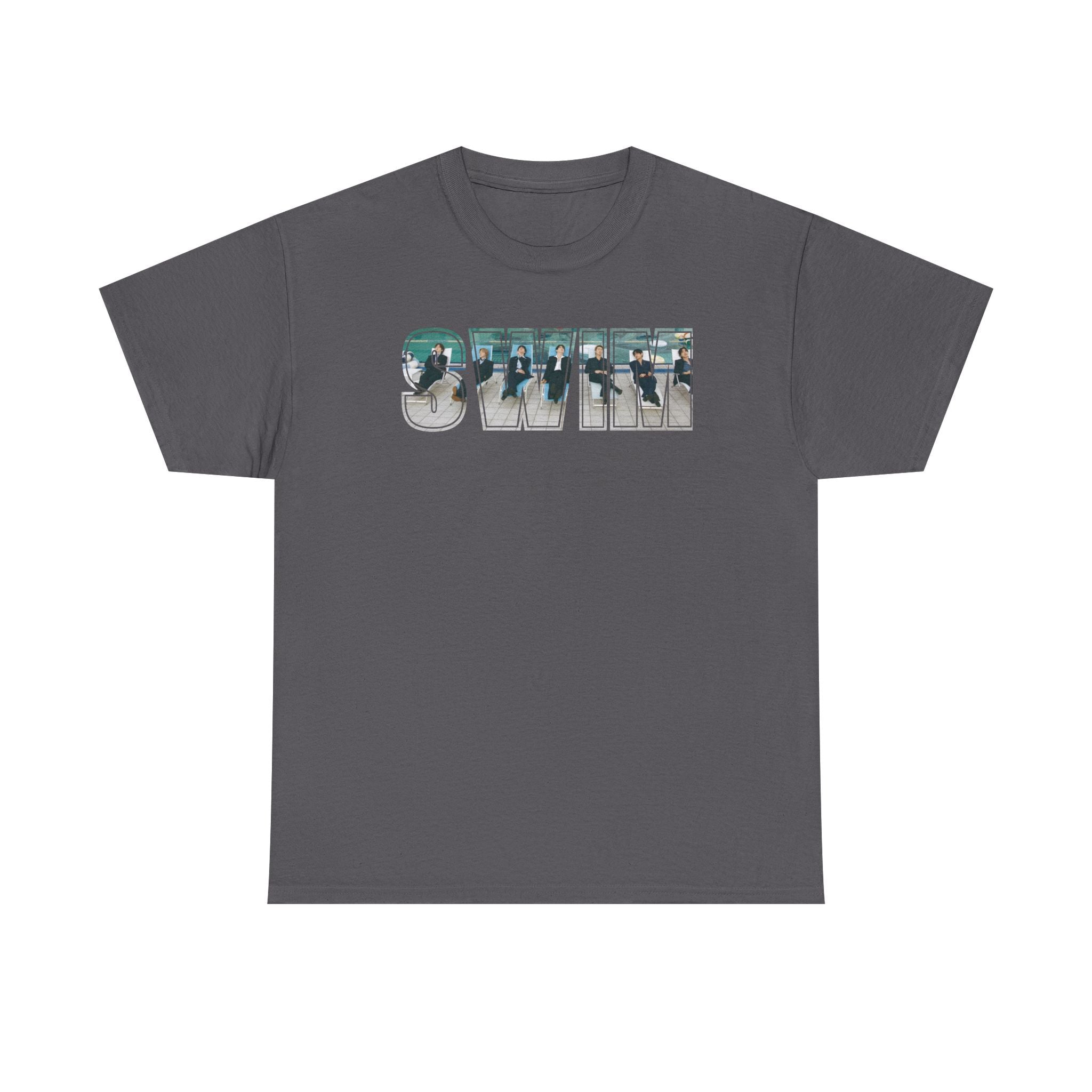 Printify BTS Swim graphic T-shirt featuring a pool scene and "I could spend a lifetime watching you swim" design, casual concert tee.