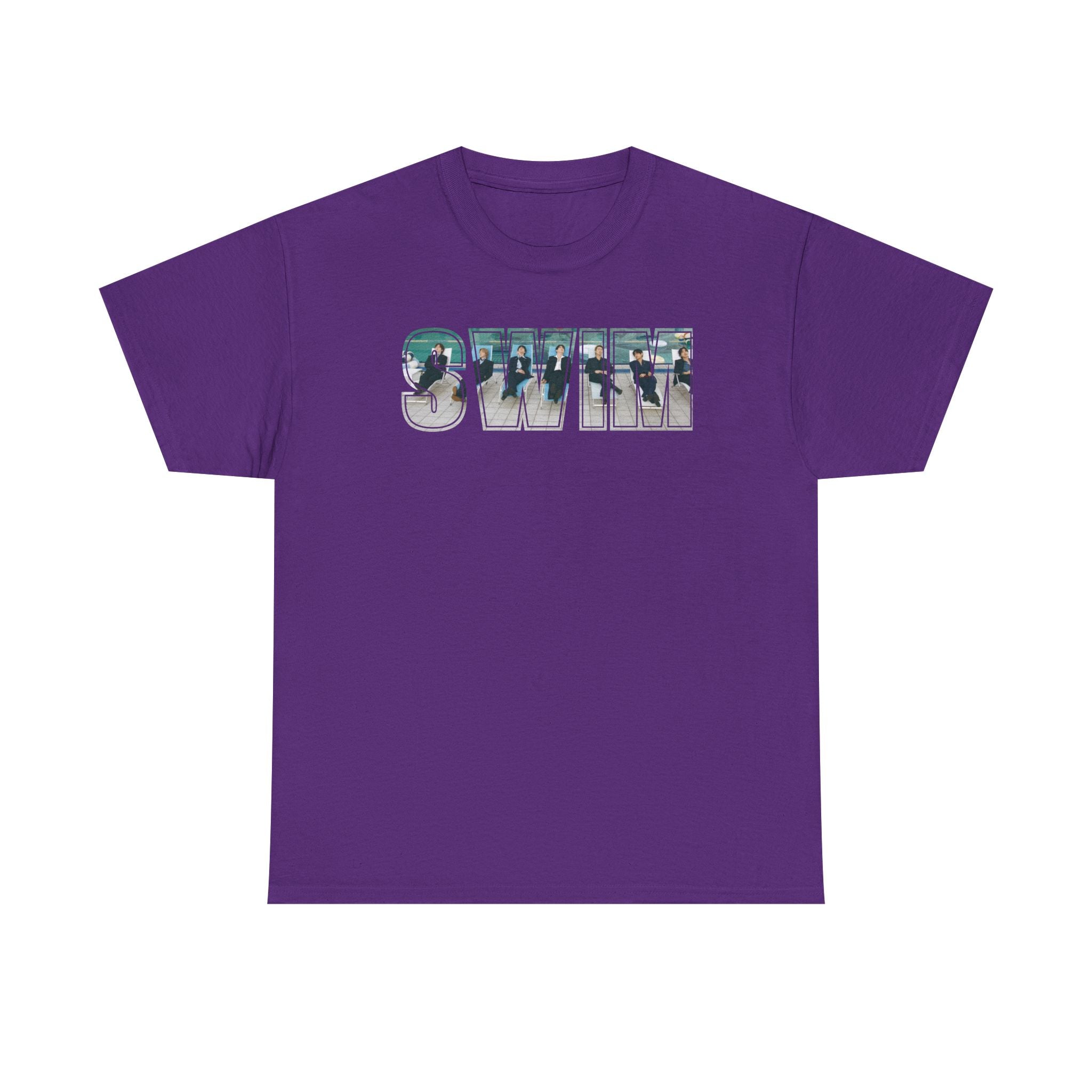 Arirang BTS Swim graphic T-shirt featuring a pool scene and Bangtan logo, stylish BTS concert tee for fans and casual wear.