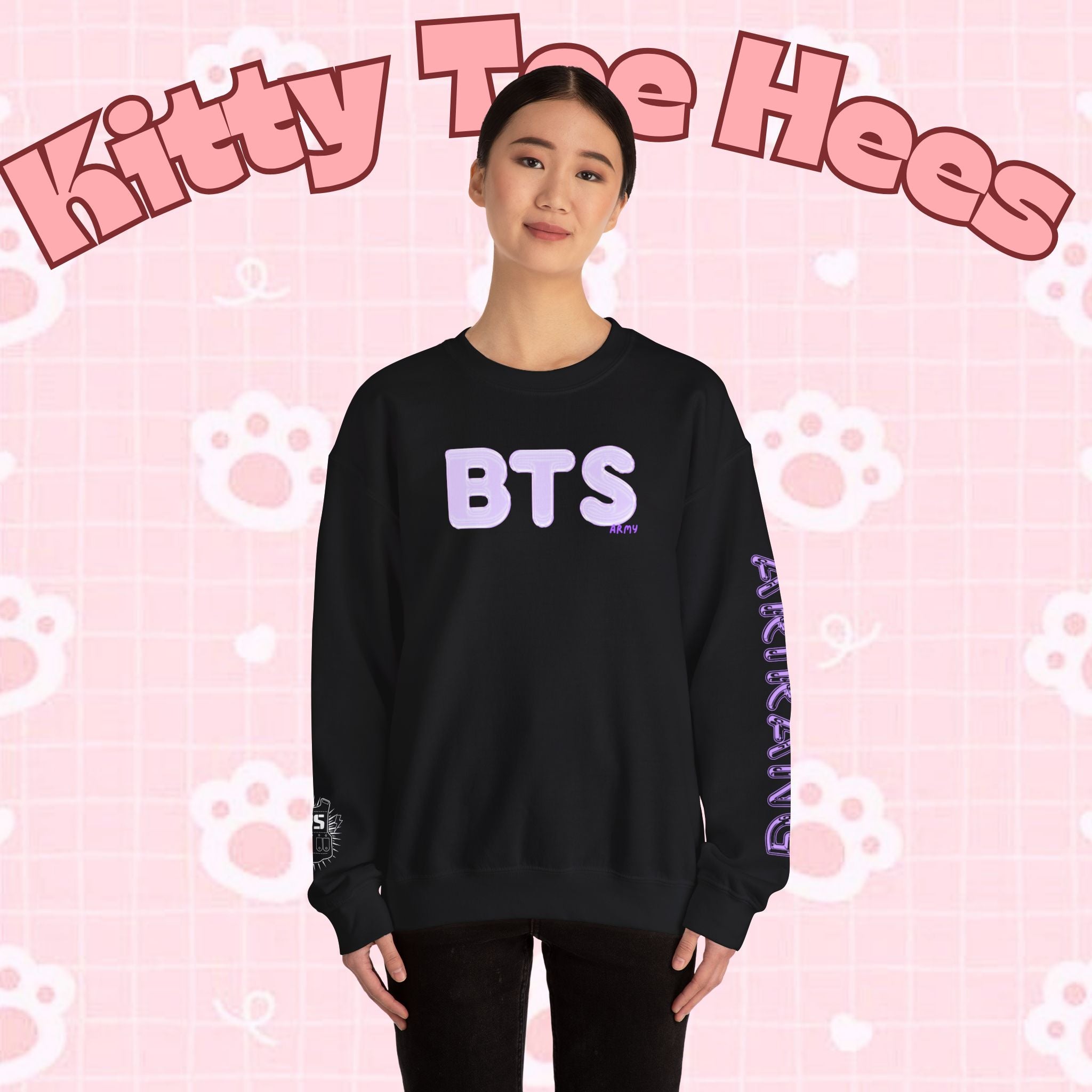 Lavender BTS Logo Arirang crewneck sweatshirt featuring K-pop band print, concert and comeback sweater, casual pullover from Printify