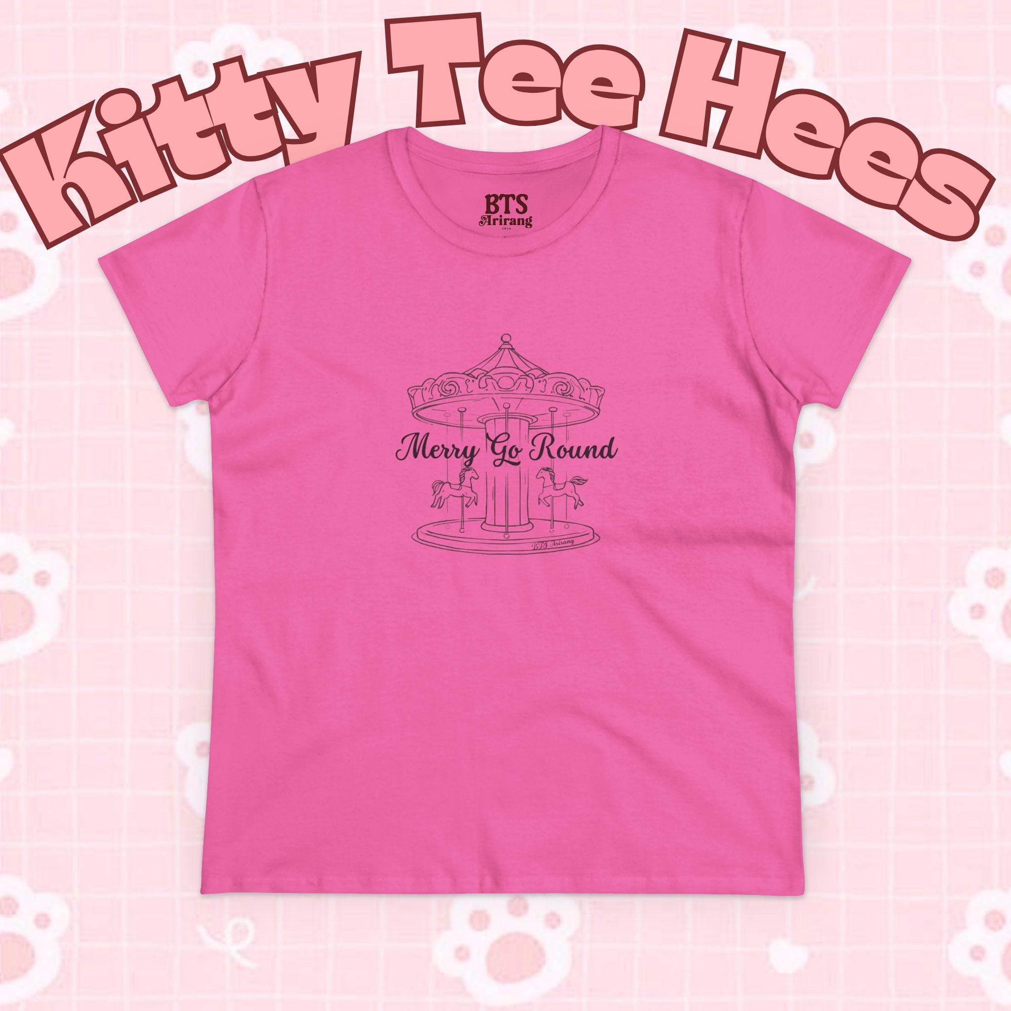 Printify Merry Go Round BTS Arirang 2026 album carousel sketch T-shirt with lyric script back print, casual and stylish design.