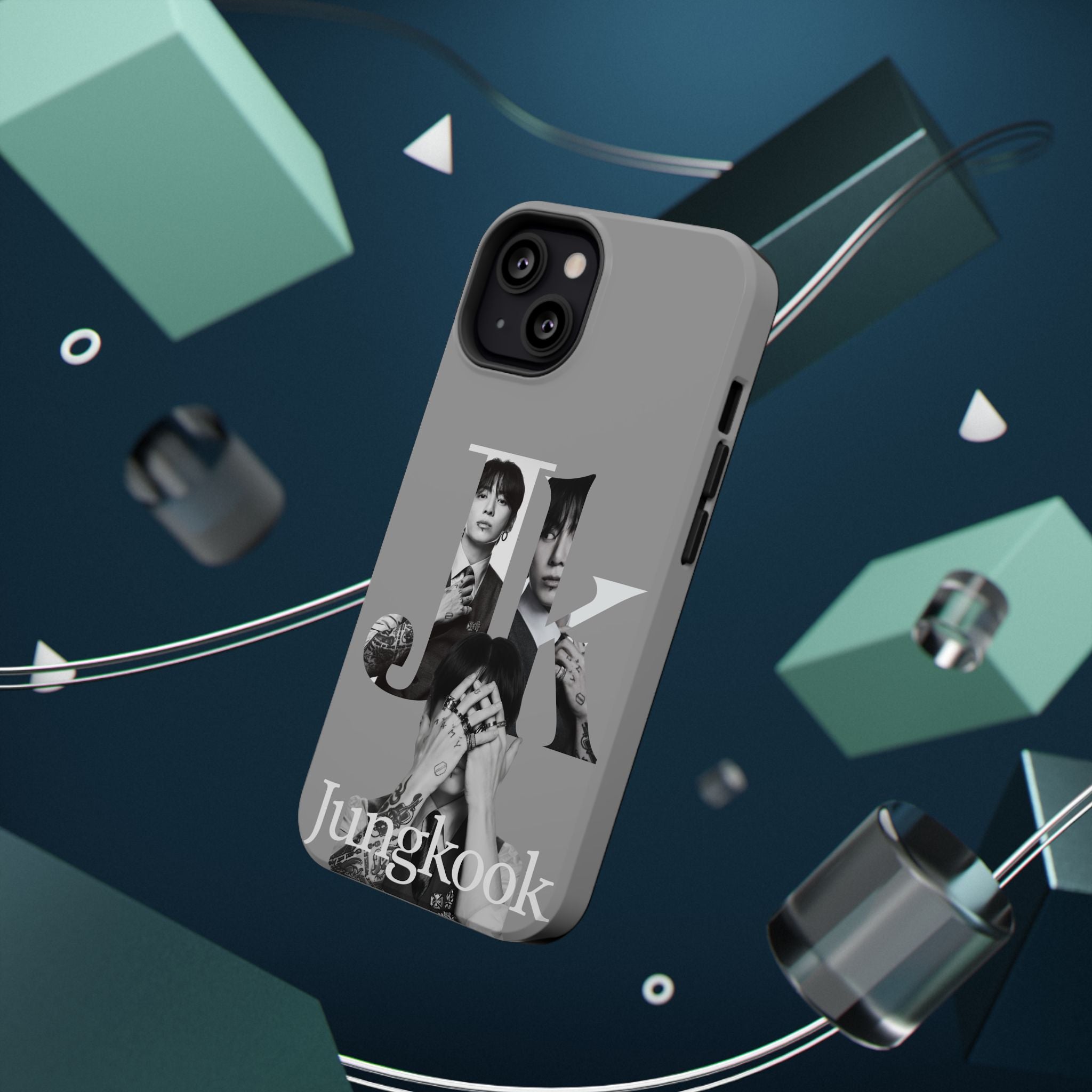 Monochrome BTS Jungkook phone case with letter design, impact-resistant Printify phone case for fans of Bangtan Sonyeondan.