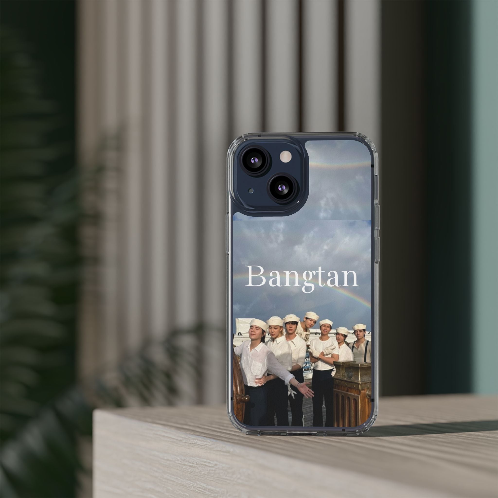 Clear impact-resistant Bangtan phone case featuring cute K-pop design for smartphones, by Printify.