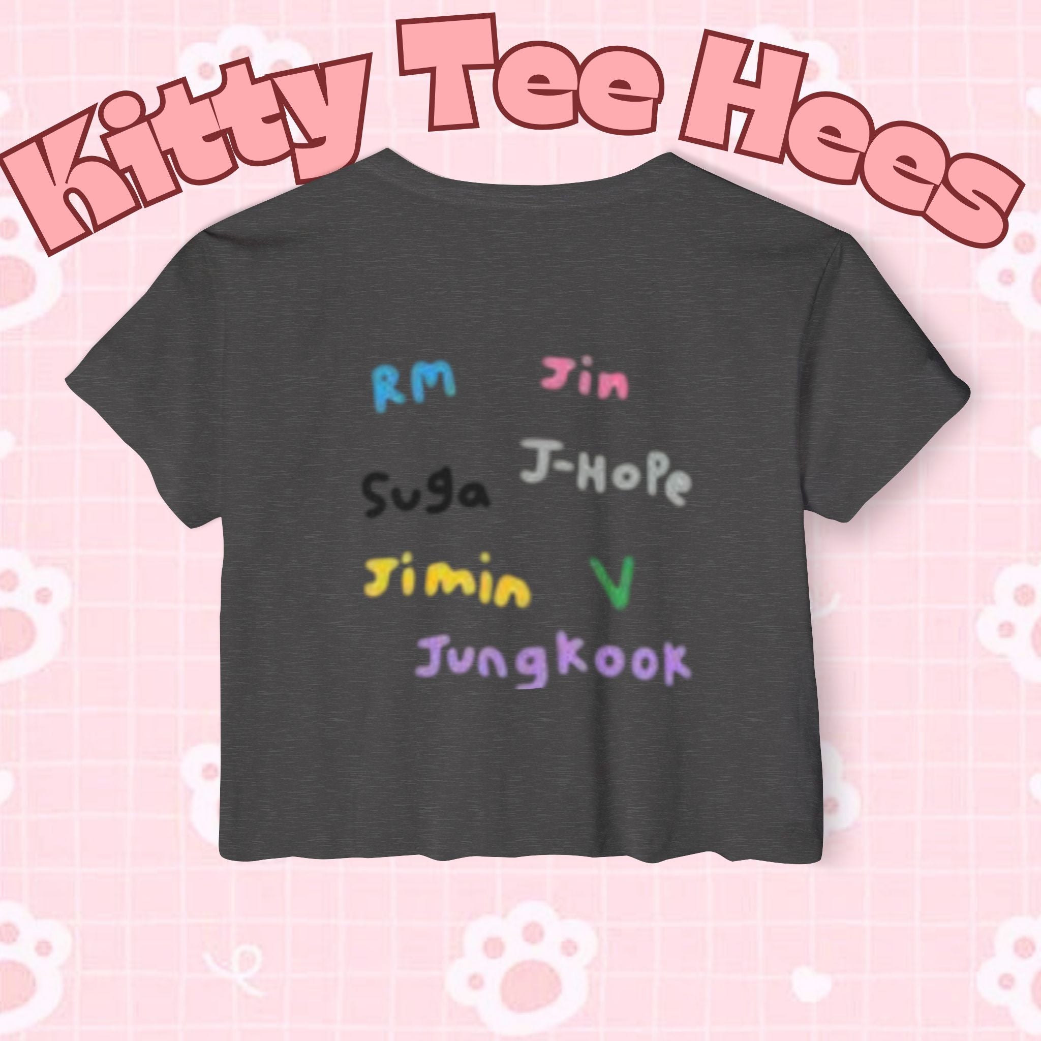 Colorful BTS kidcore T-shirt featuring a K-pop group photo, women's crop top by Printify with vibrant, playful design.