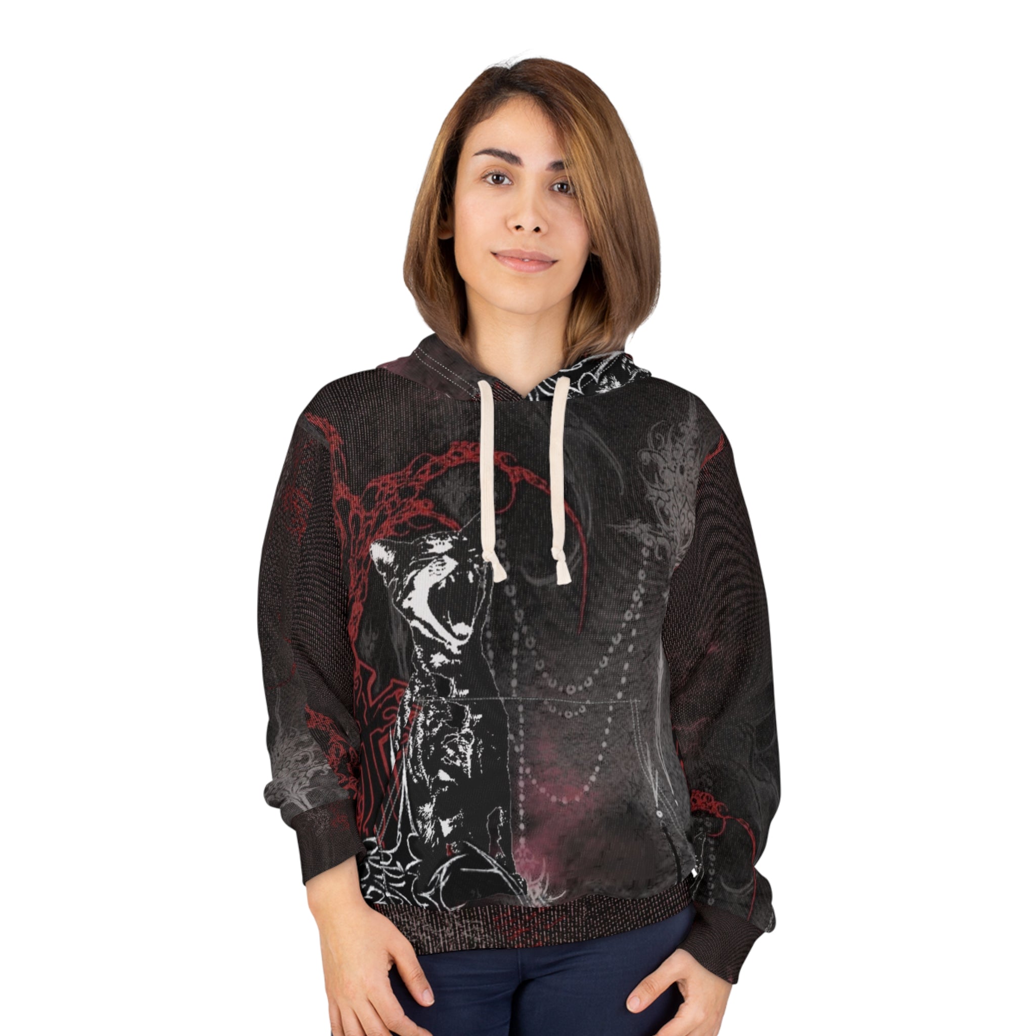 All-over print Gothic cat art unisex hoodie by Printify, cozy streetwear style with a unique alternative fashion design.