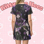 Gothic purple anime girls T-shirt dress with all-over print by Printify, featuring vibrant character artwork on a casual dress.