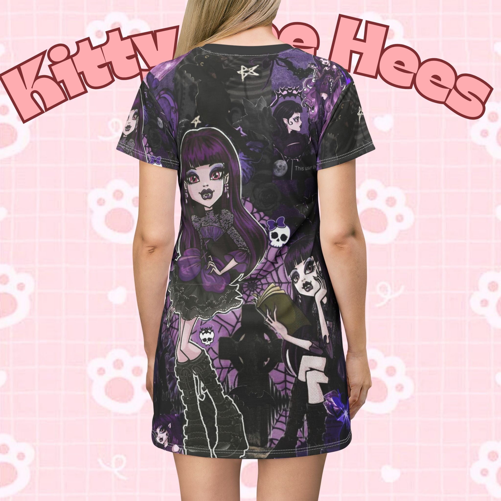 Gothic purple anime girls T-shirt dress with all-over print by Printify, featuring vibrant character artwork on a casual dress.