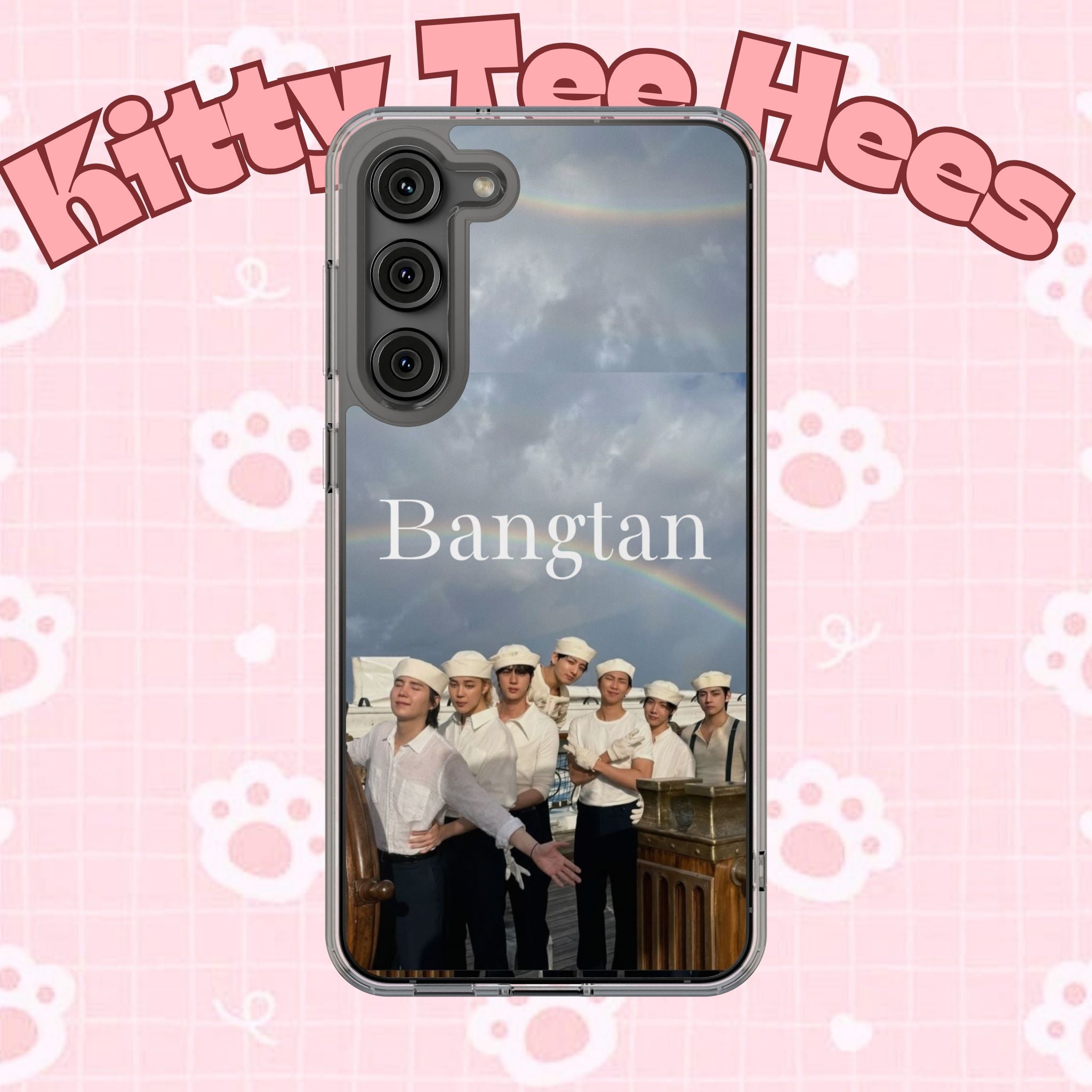 Clear impact-resistant Bangtan phone case with cute K-pop design, compatible with smartphones and branded by Printify.