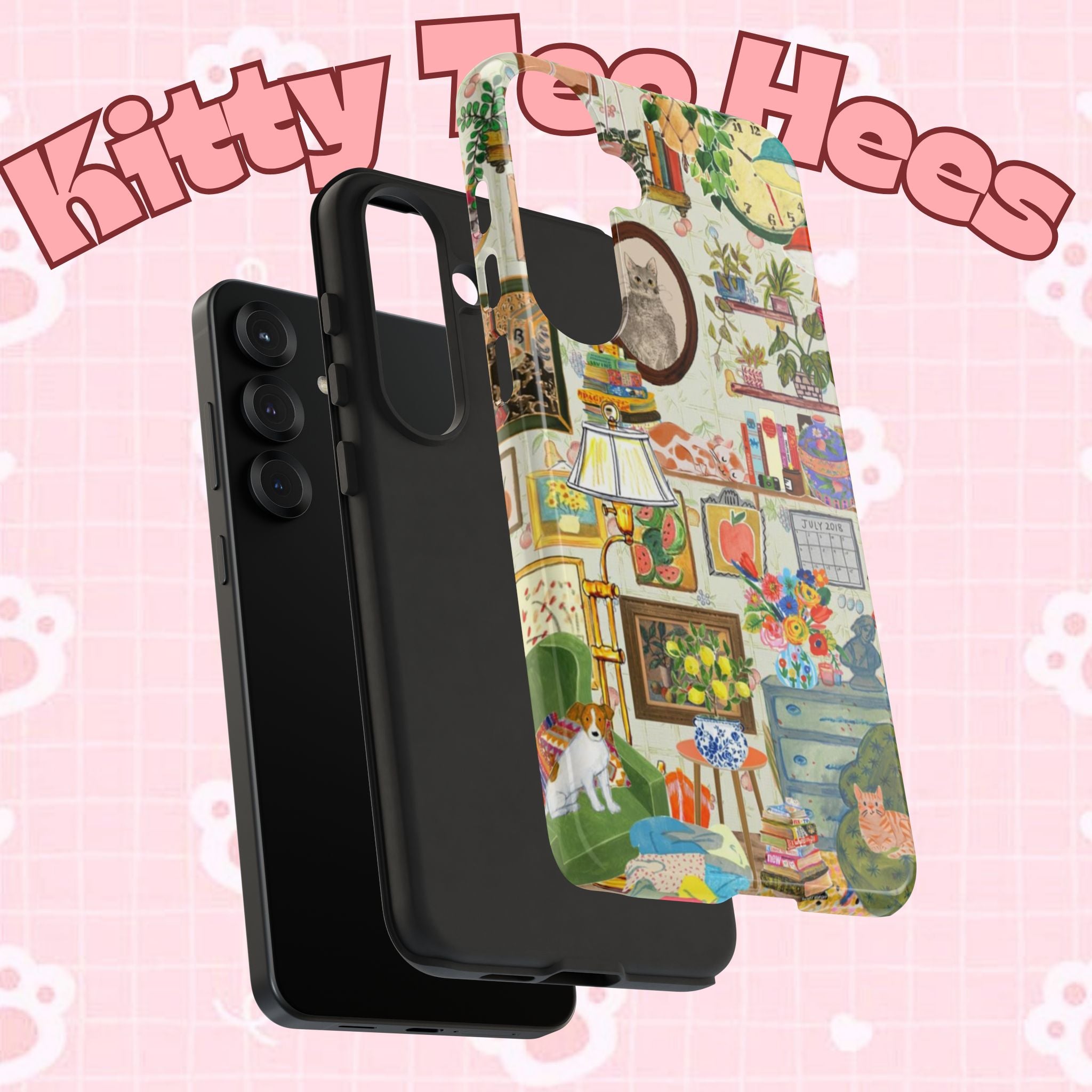 Cute cat portrait phone case for iPhone 17 by Printify, featuring a cozy living room pet design in stylish, colorful artwork.