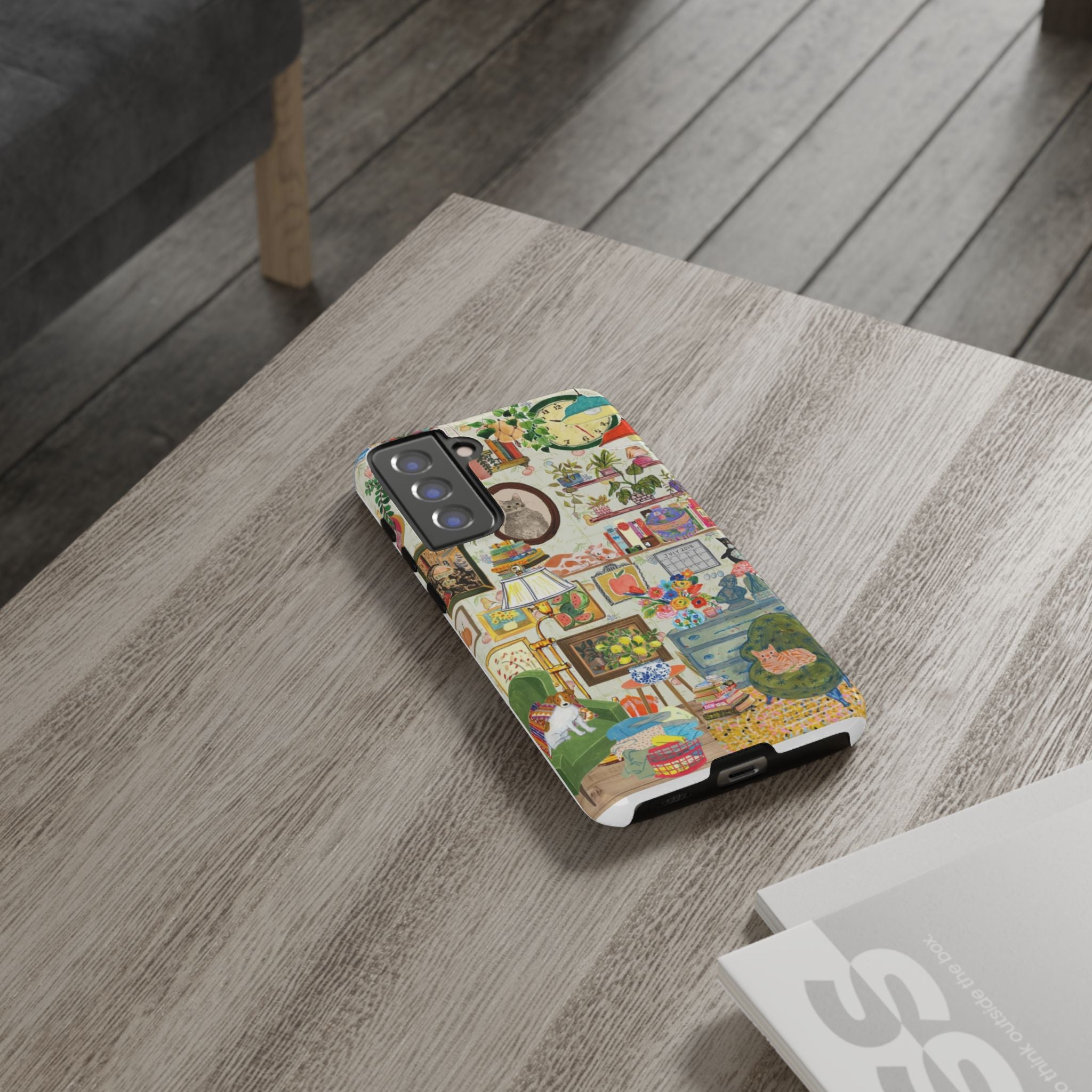 Printify cute cat framed iPhone 17 case featuring a cozy living room pet portrait design, stylish and protective phone case.