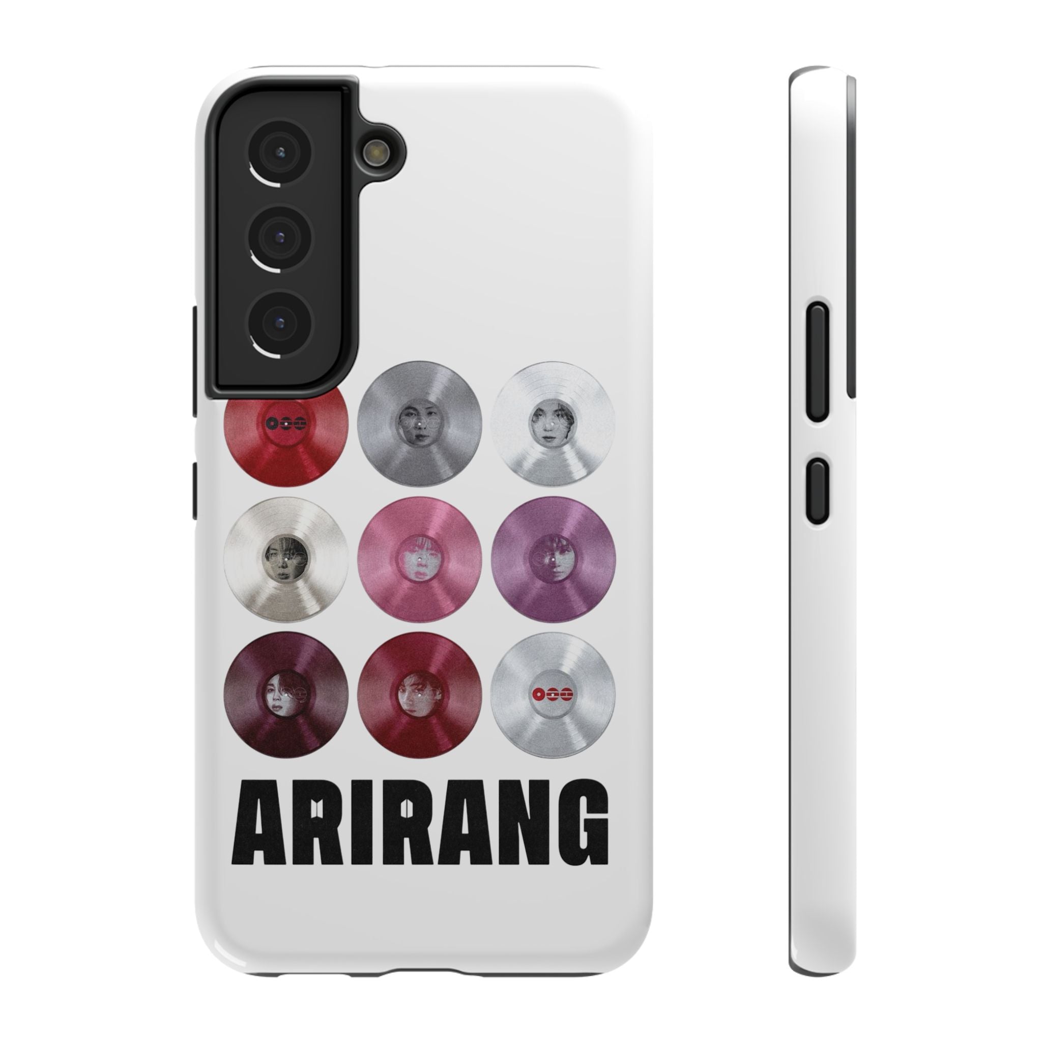 Printify Bangtan Arirang BTS vinyl record grid phone case showcases impact-resistant design with BTS fan merch artwork.