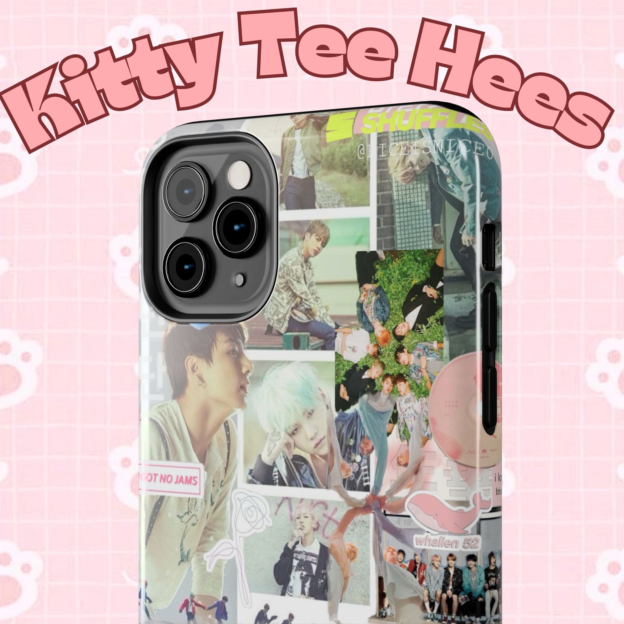 BTS collage phone case for iPhone and Samsung with pastel hot air balloon and K-Pop photo collage design by Printify