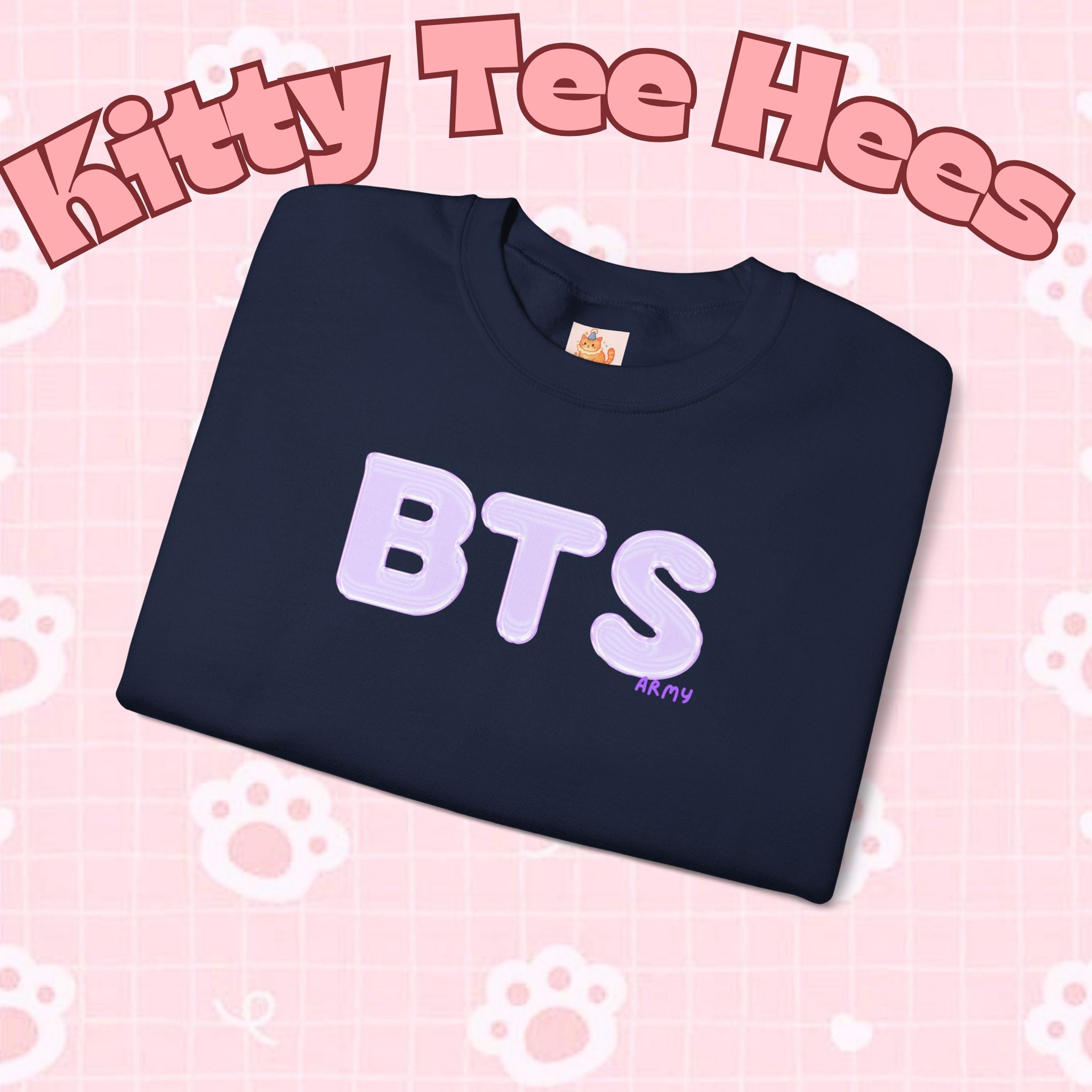 Lavender BTS Logo Arirang Crewneck Sweatshirt featuring K-pop band print, comfortable concert sweater by Printify.
