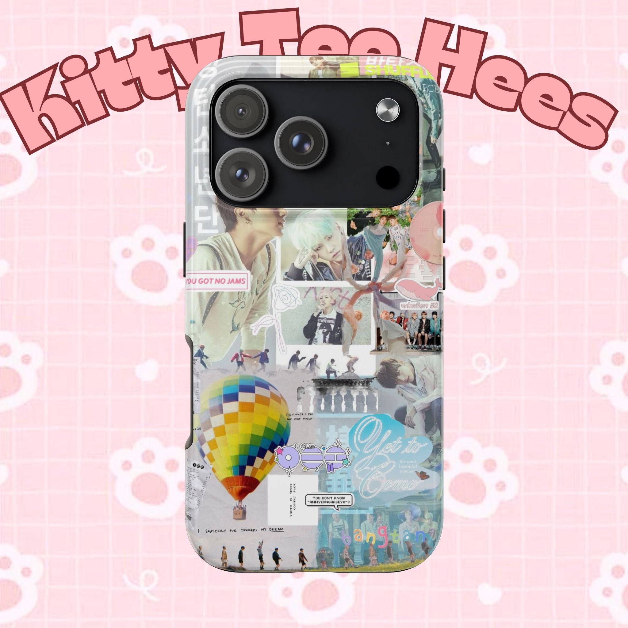 Printify BTS collage phone case for iPhone and Samsung featuring pastel hot air balloon and K-Pop photo collage design.
