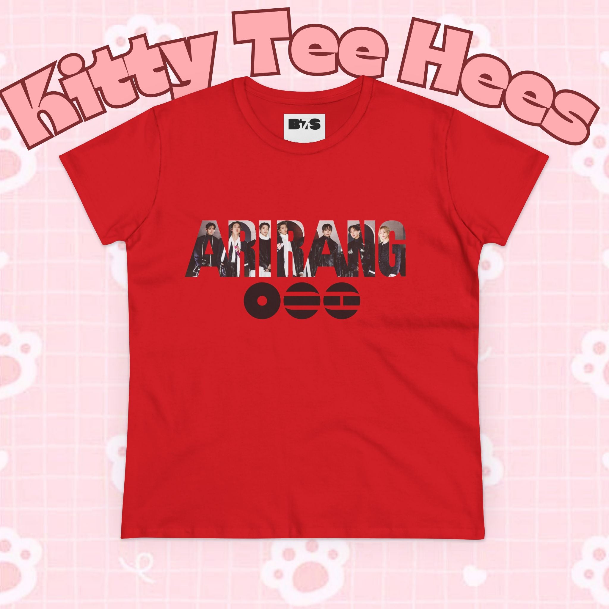 BTS ARIRANG graphic T-shirt featuring band member names and BTS logo, casual cotton tee for fans of Bangtan Boys.