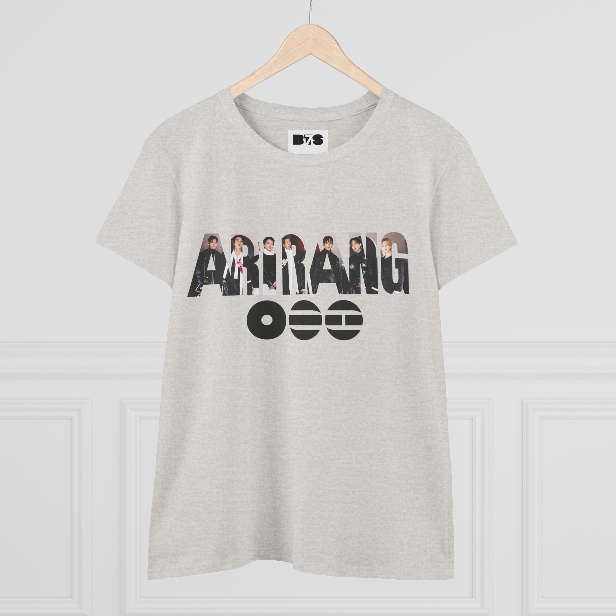 BTS ARIRANG graphic T-shirt featuring BTS logo and member names, casual cotton tee for fans of Bangtan Boys.