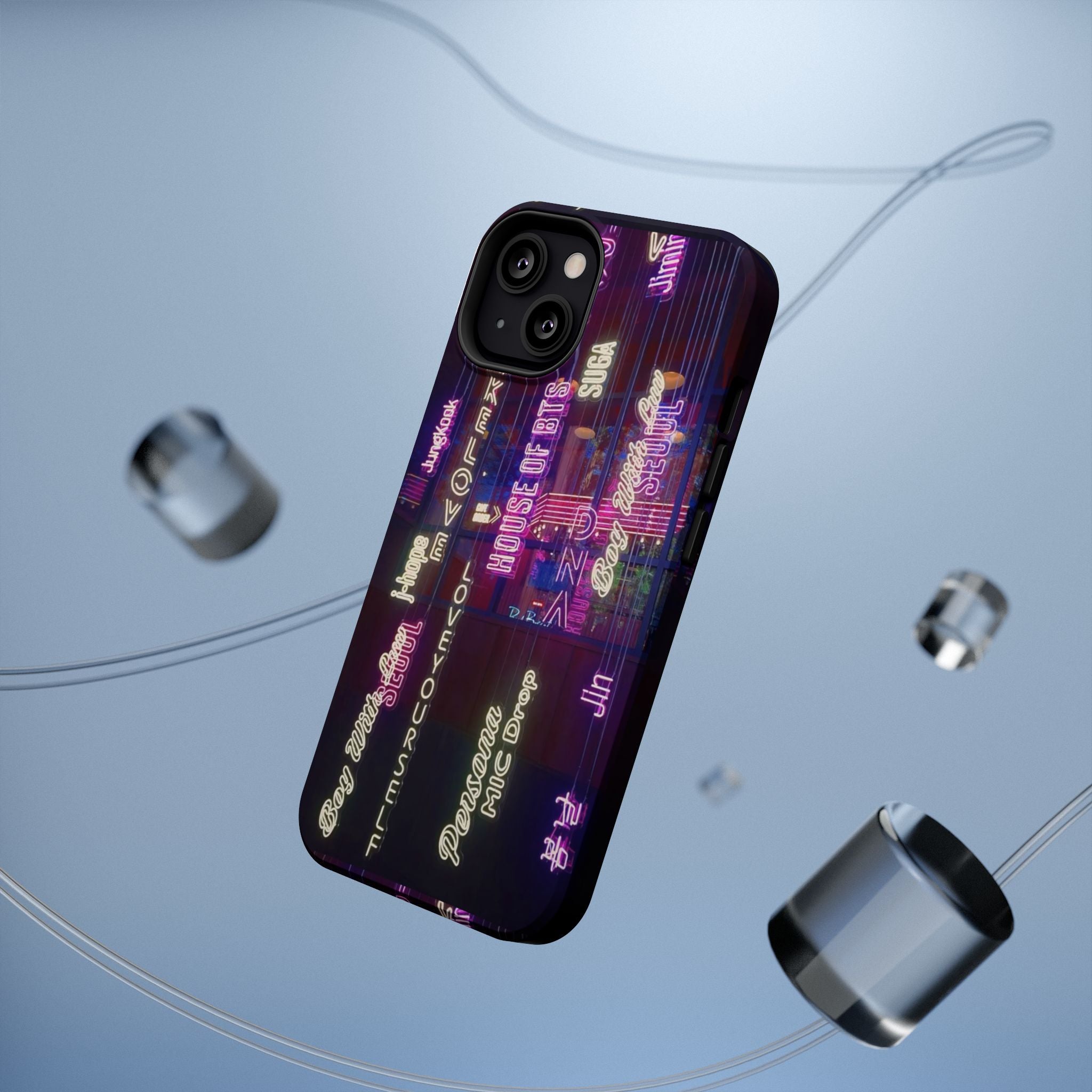 Impact-resistant BTS phone case with neon Korean script design for iPhone and Samsung models, featuring bold, colorful graphics.