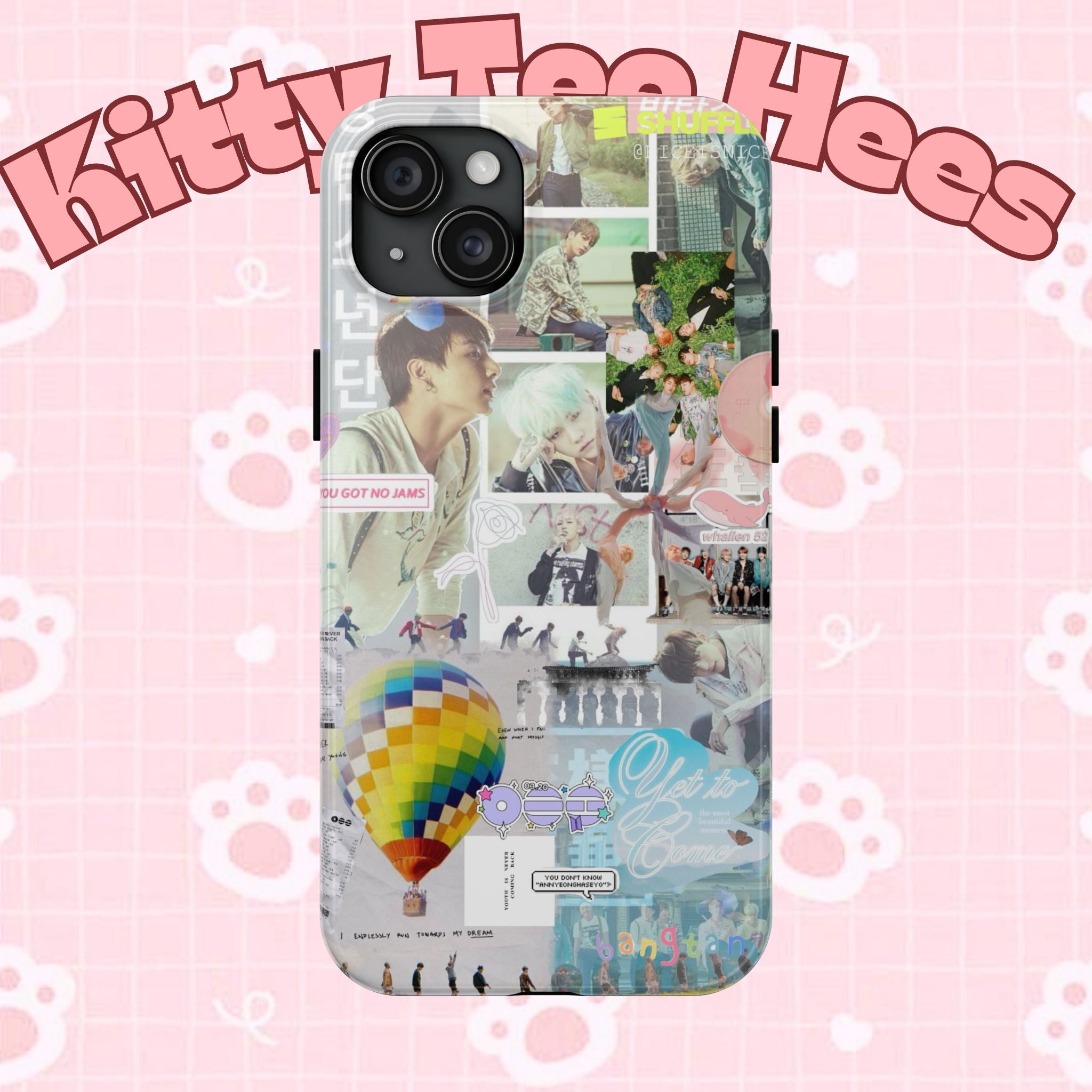 Printify BTS collage phone case for iPhone and Samsung with pastel hot air balloon and K-Pop photo collage design.